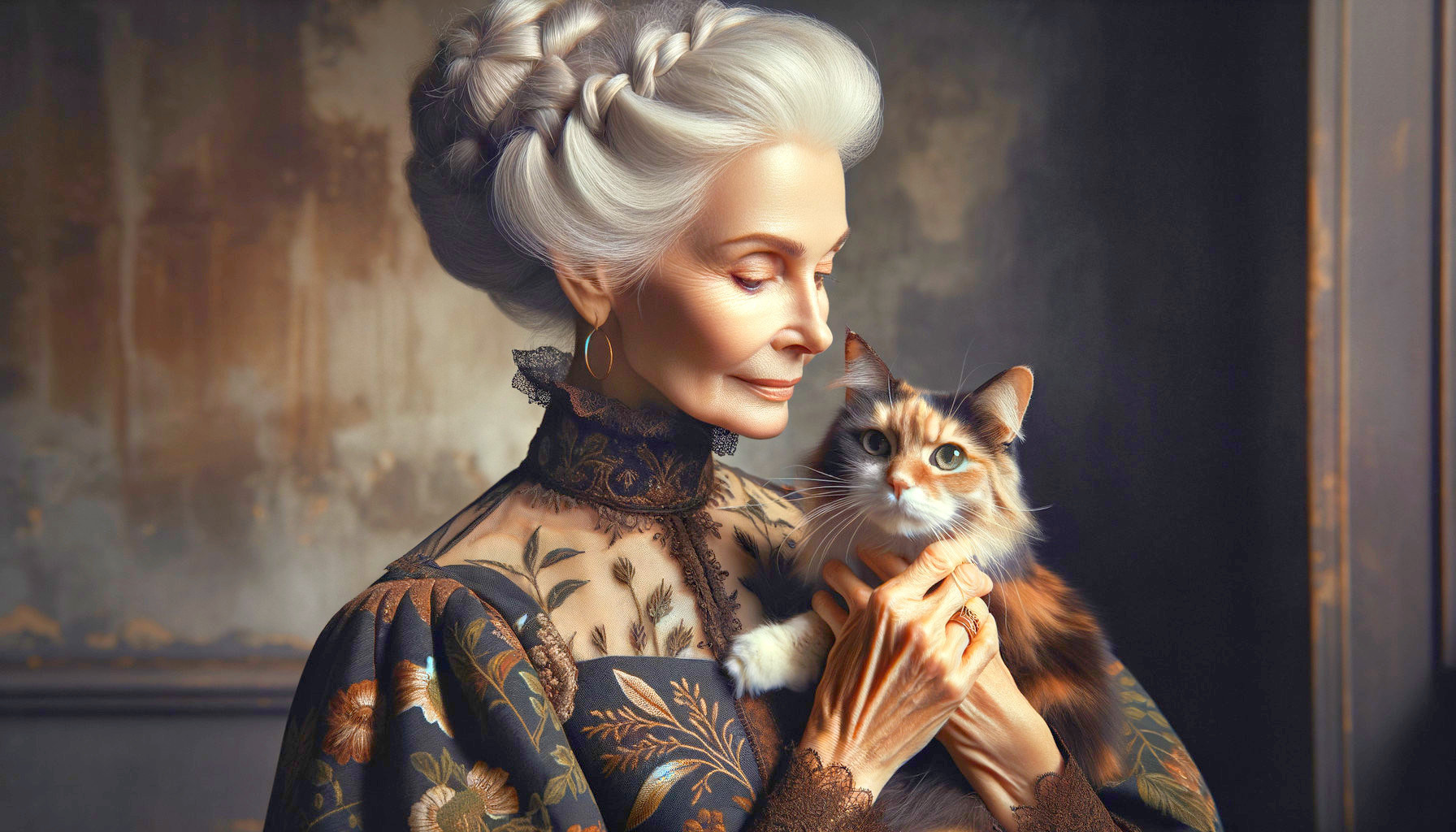 Elderly Woman in Vintage Gown with Colorful Cat