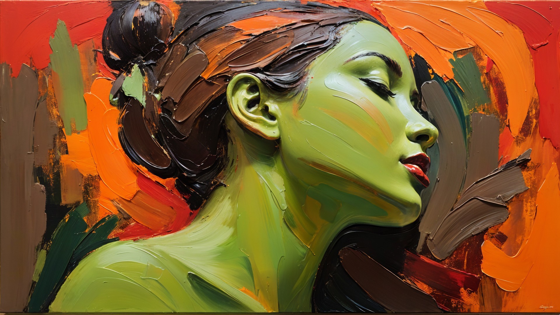 Portrait of a Woman with Green Tones and Warm Background