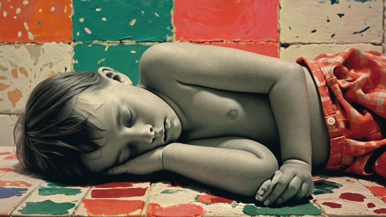 Child Asleep on Colorful Tiled Surface with Vibrant Colors