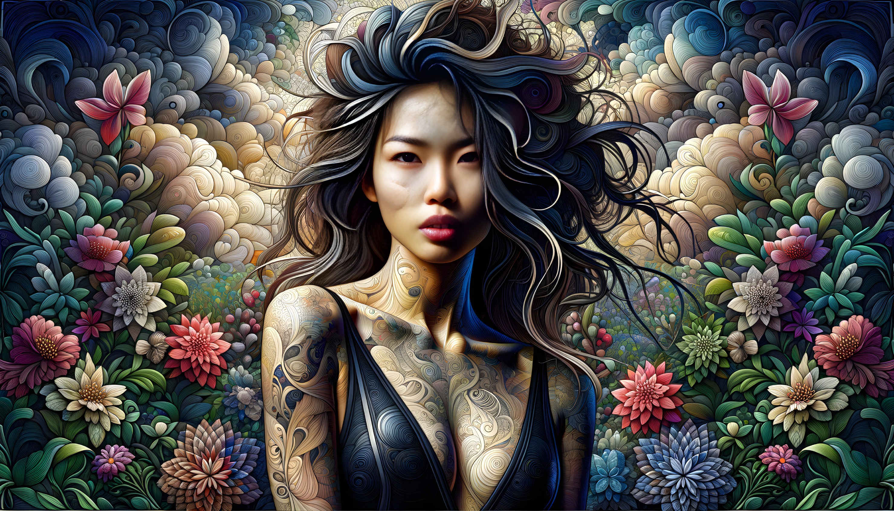 Portrait of a woman with tattoos and floral background
