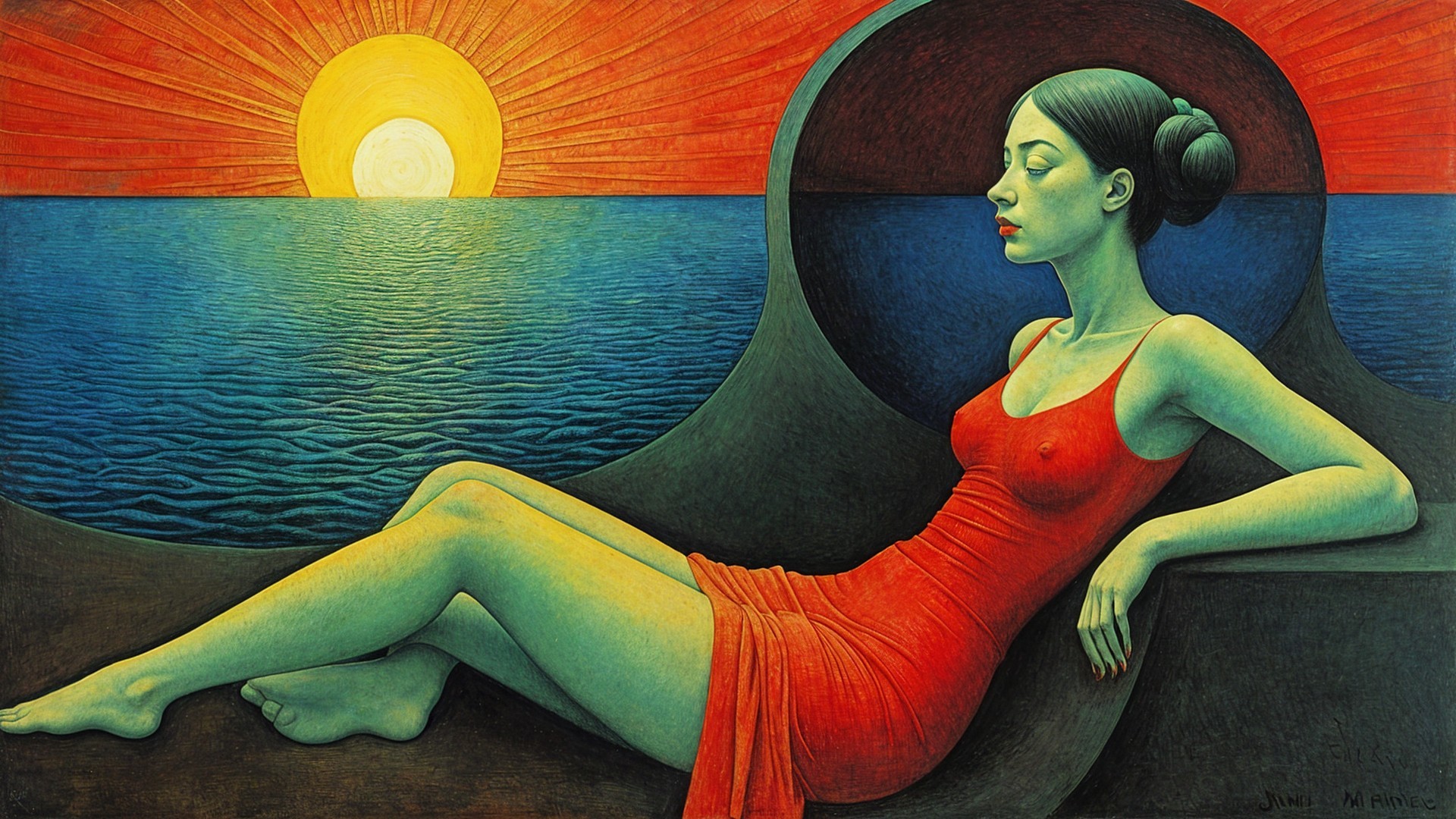 Woman in Red Dress Against Sunset and Sea Background