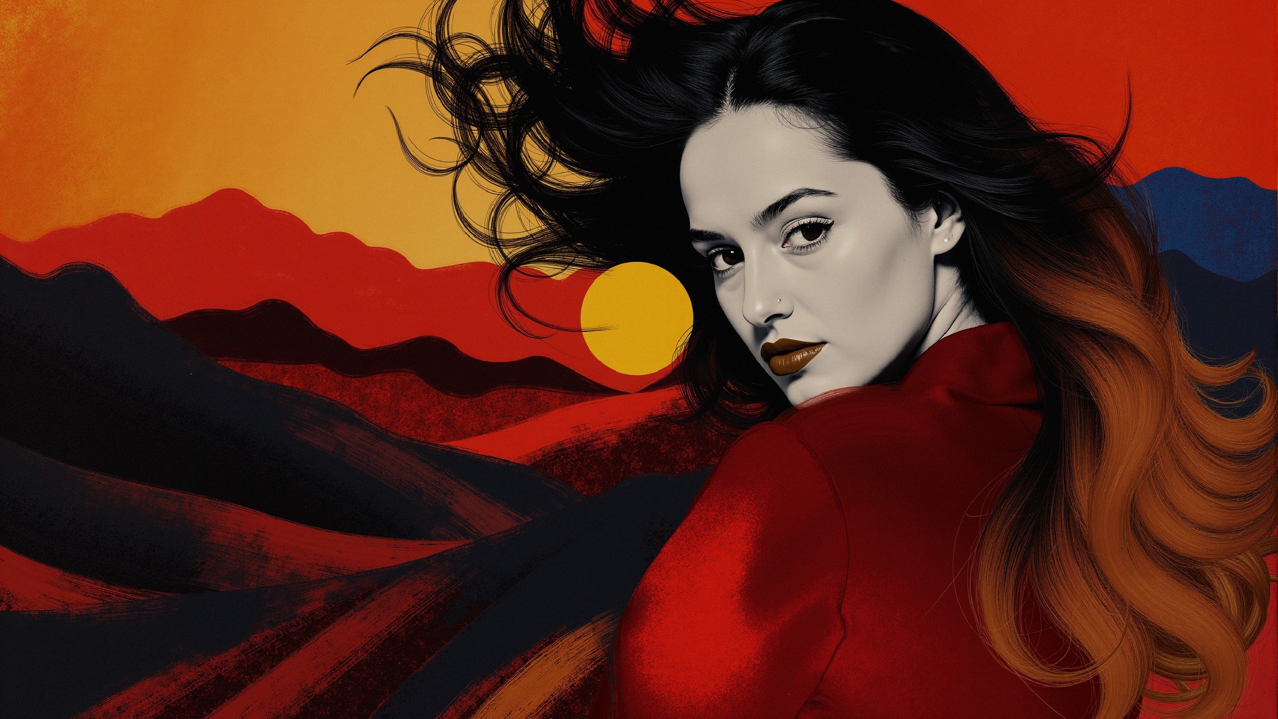 Monochromatic Portrait of a Woman with Stylized Landscape