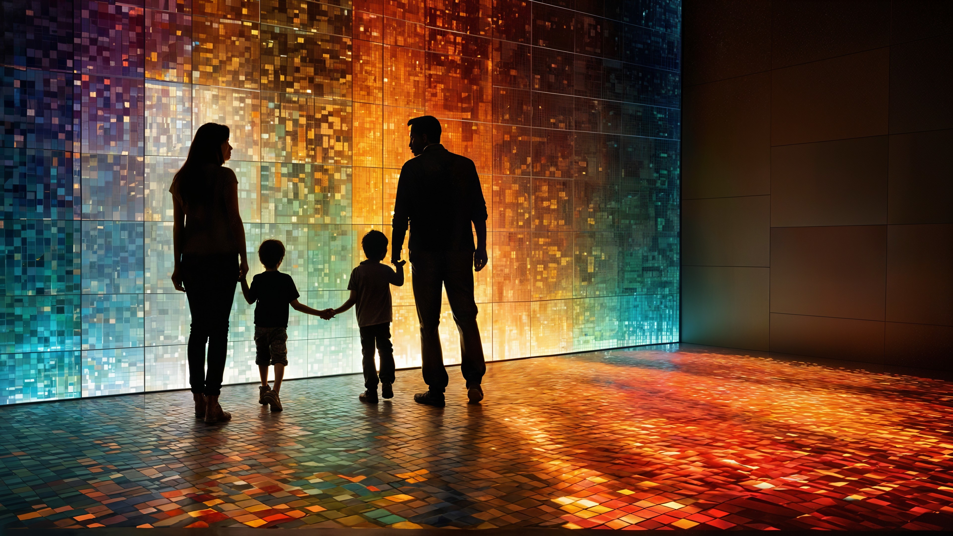 Family Silhouette Against Colorful Light Wall