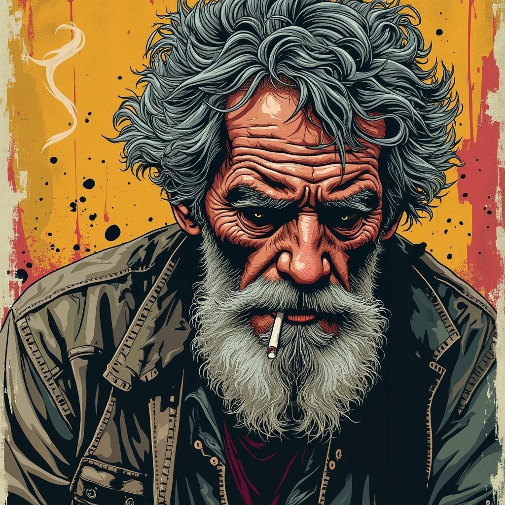 Rugged Man with Gray Hair and Bushy Beard Portrait