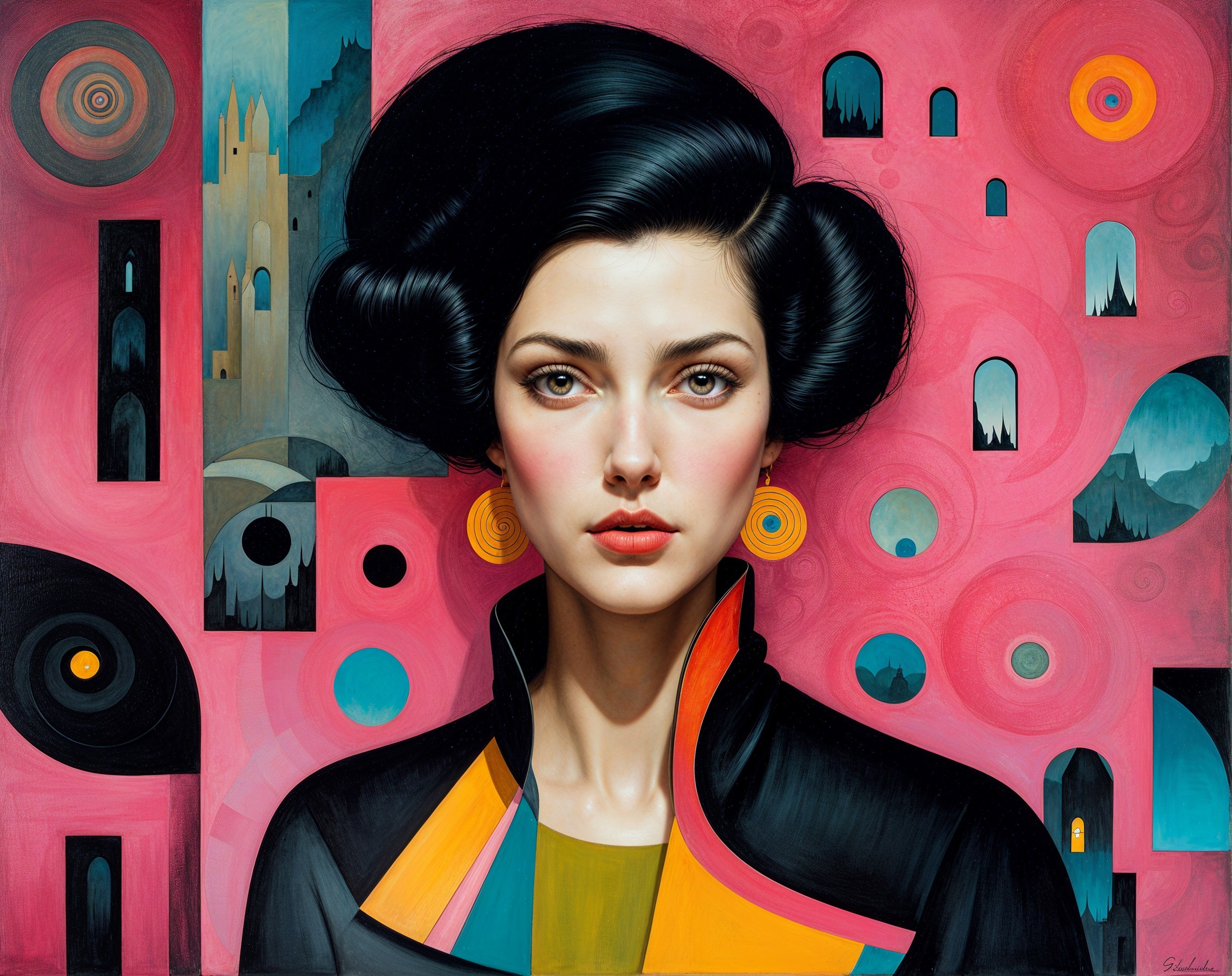 Young Woman in Colorful Jacket with Abstract Background