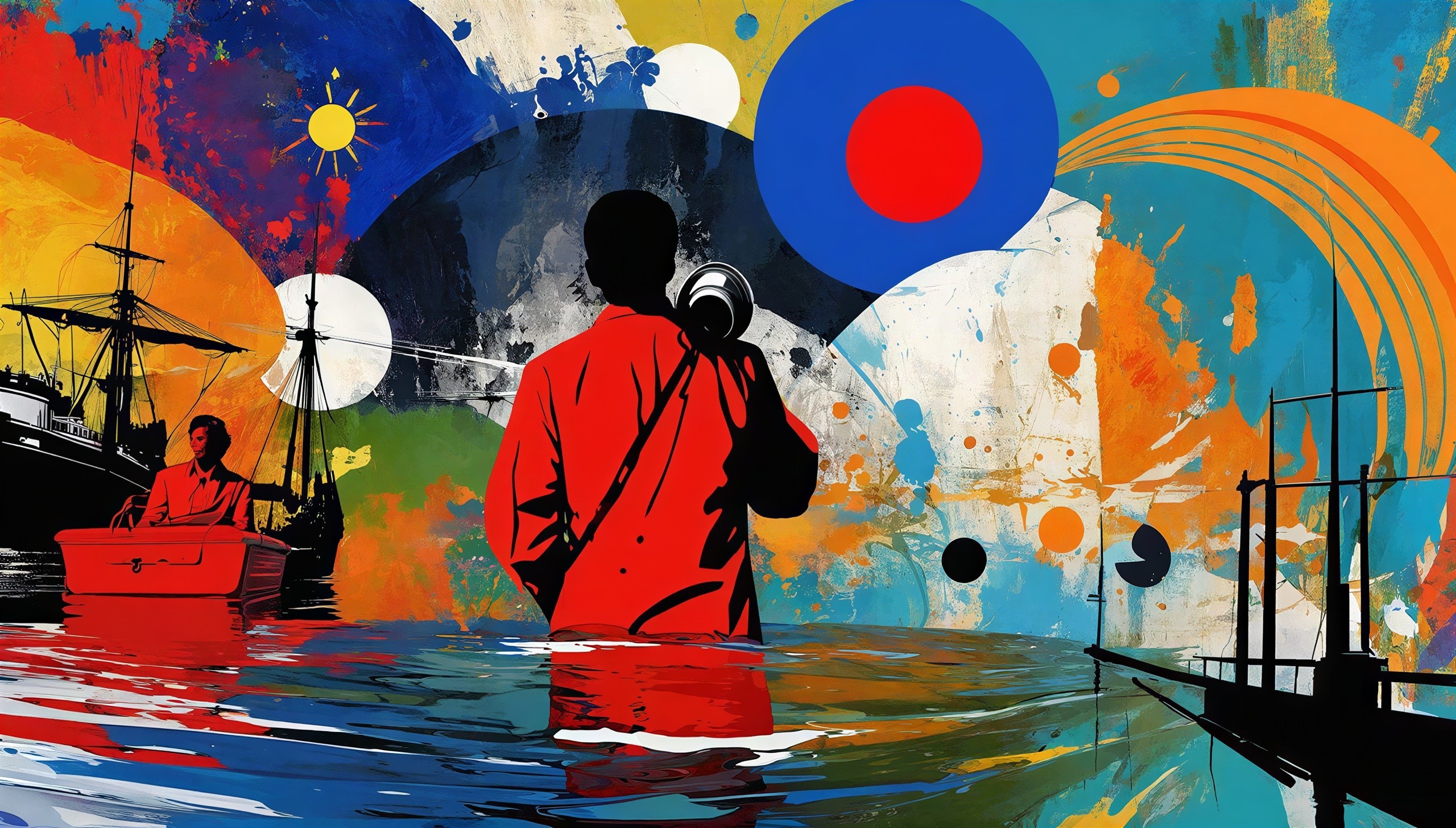 Mixed media artwork of a man wading in water