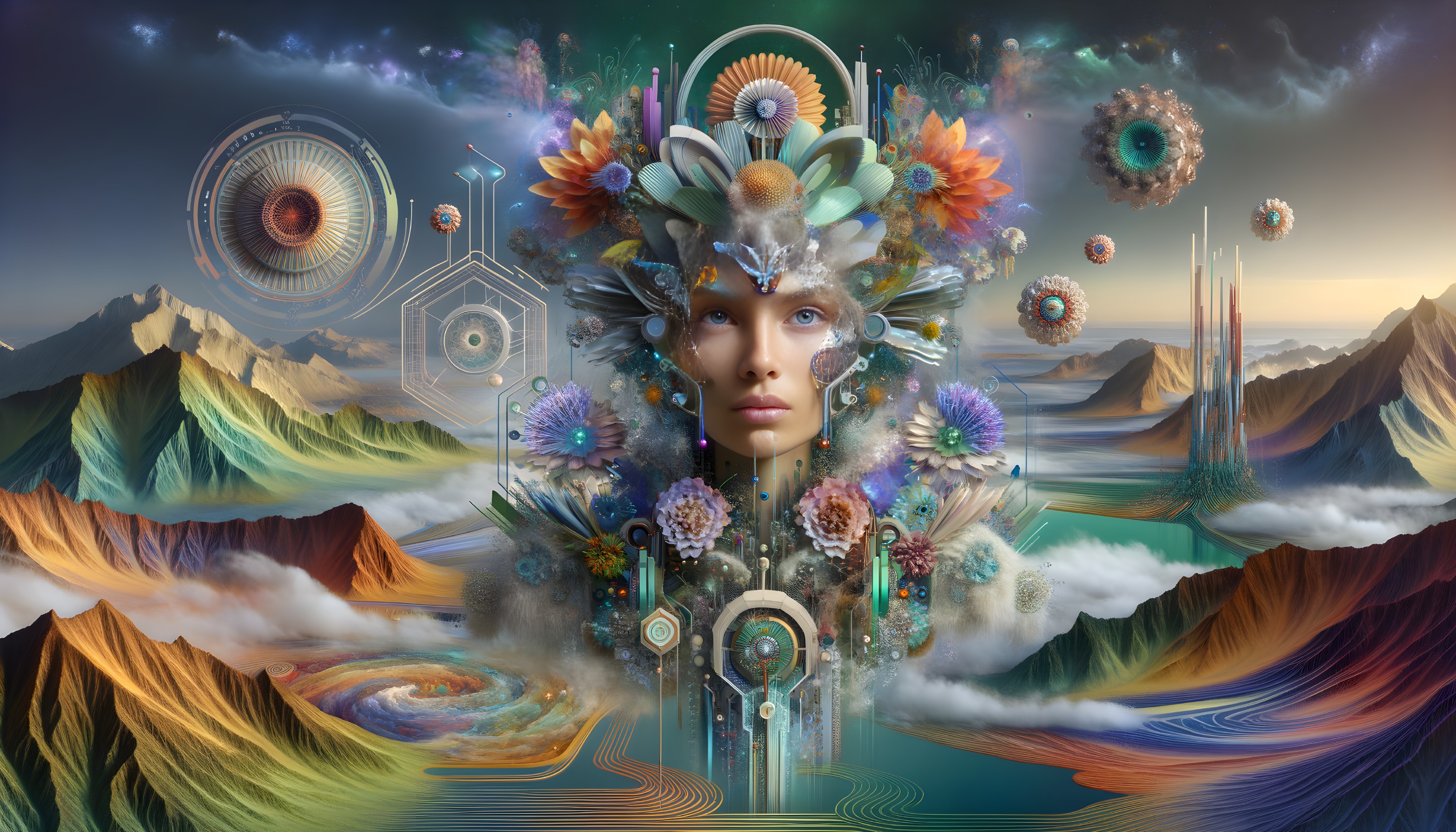 Surreal Landscape with Floral and Geometric Elements