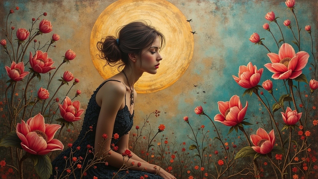 Young Woman in Profile Surrounded by Pink Flowers