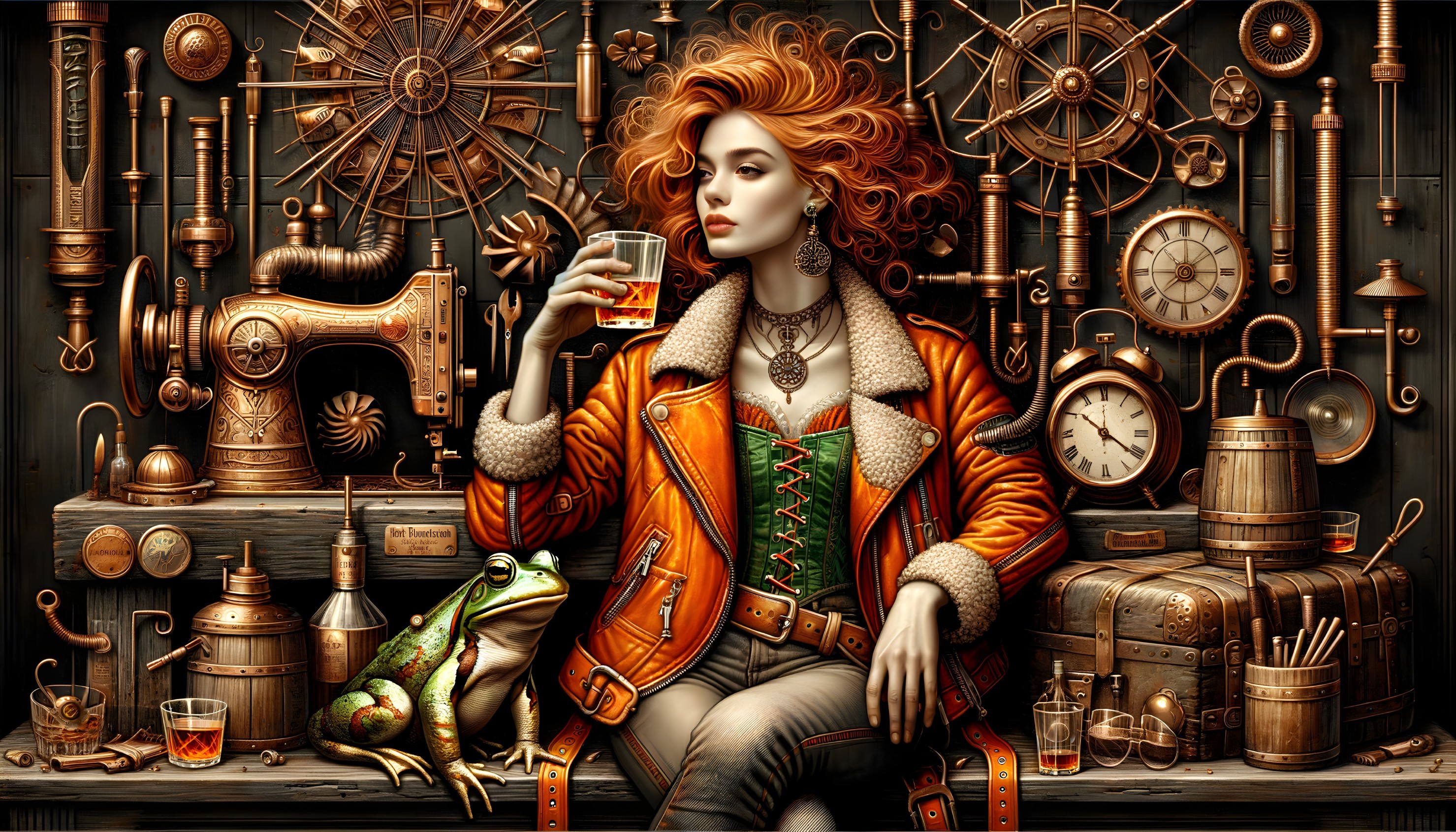 Woman with Red Hair in Steampunk Setting