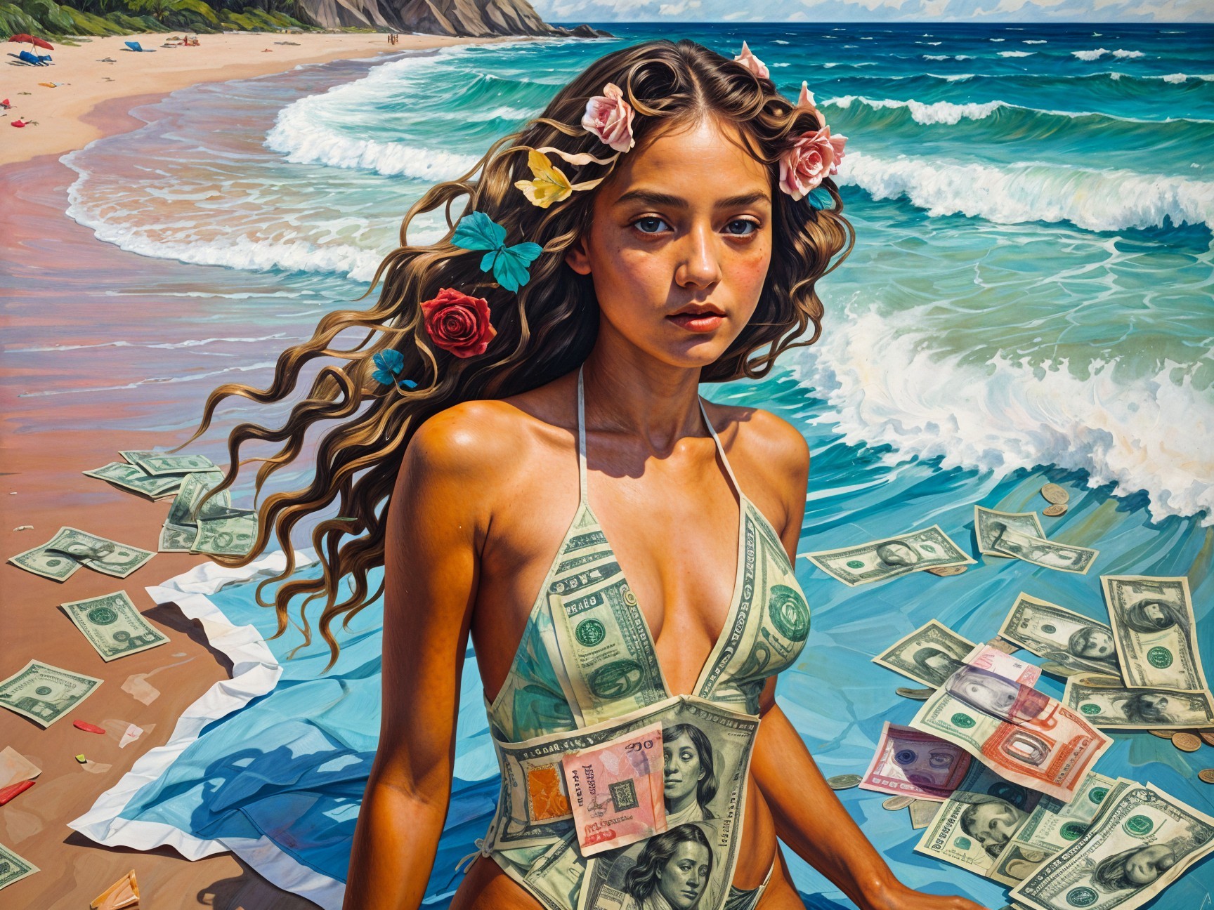 Beach Scene with Woman in Dollar Bill Swimsuit