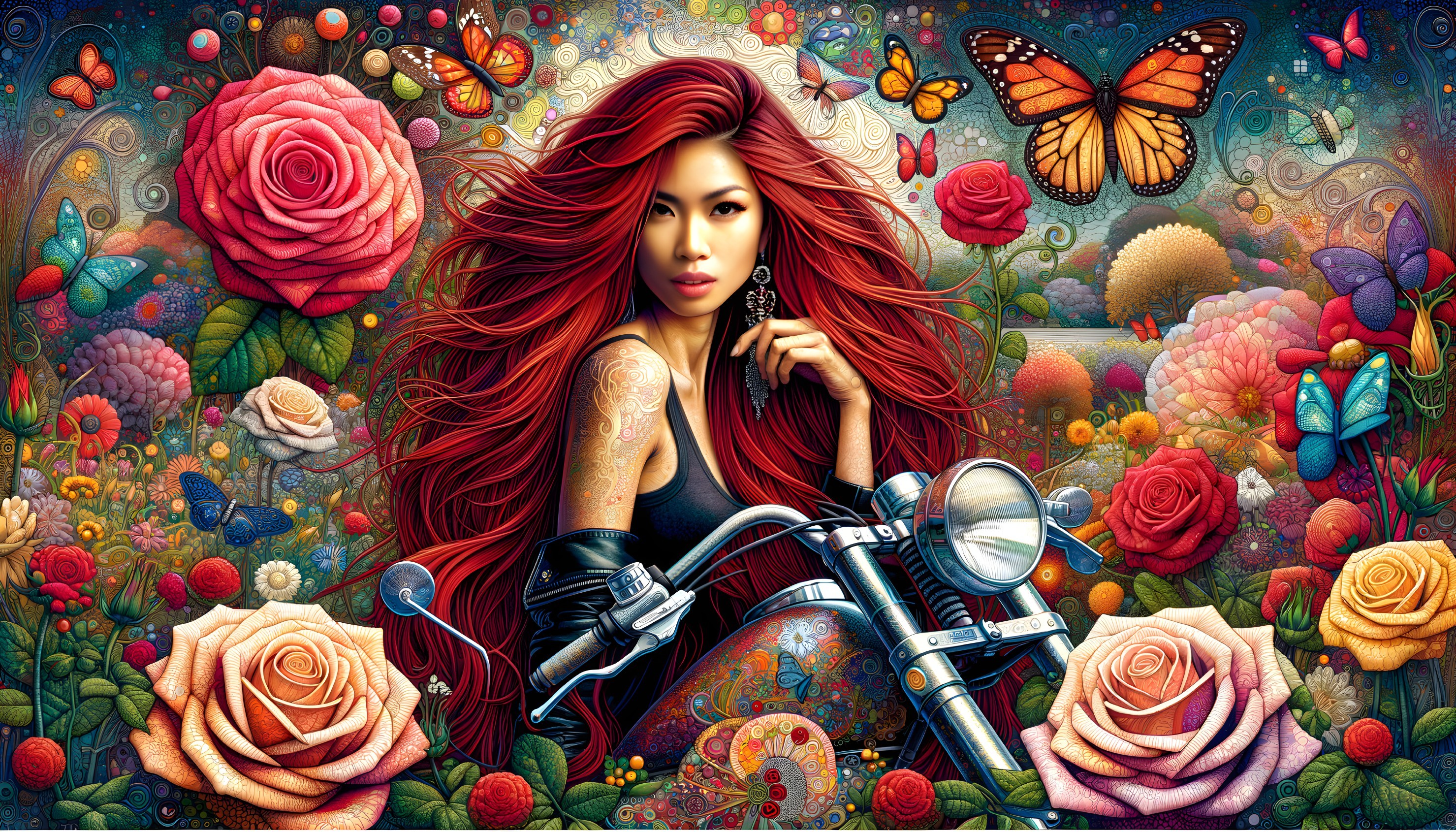 Vibrant Digital Artwork of Woman on Motorcycle in Garden