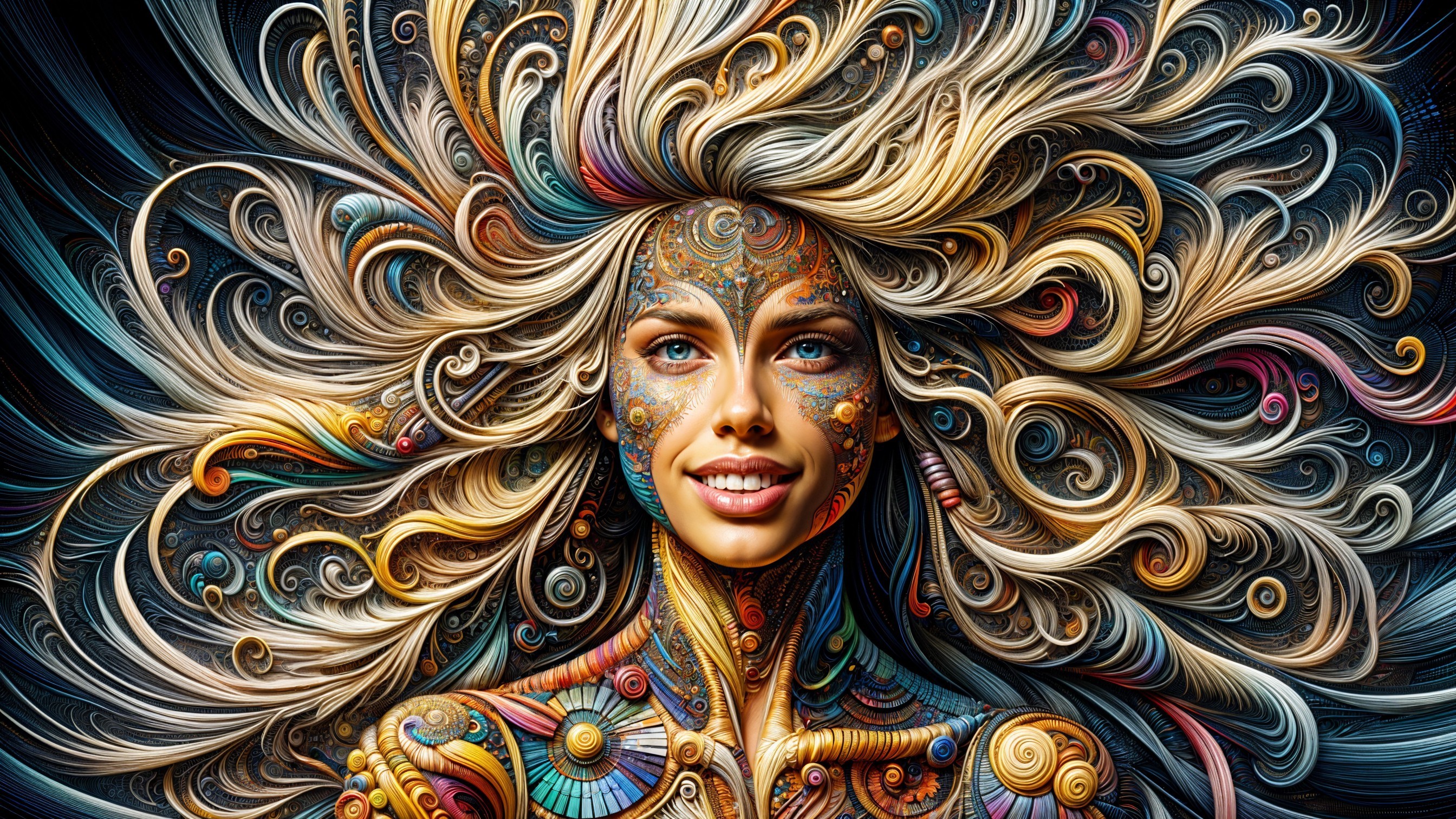 Woman with Intricate Patterns and Colorful Hair