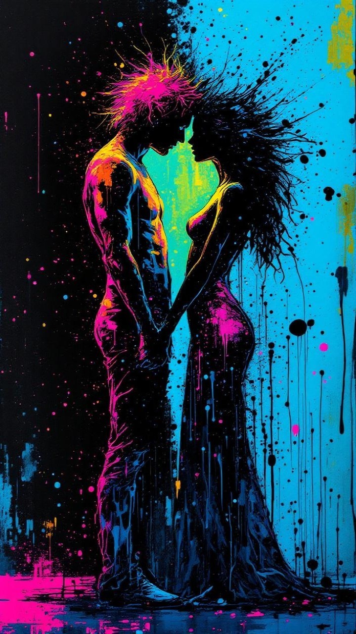 Vibrant Silhouette of Embracing Couple in Neon Colors
