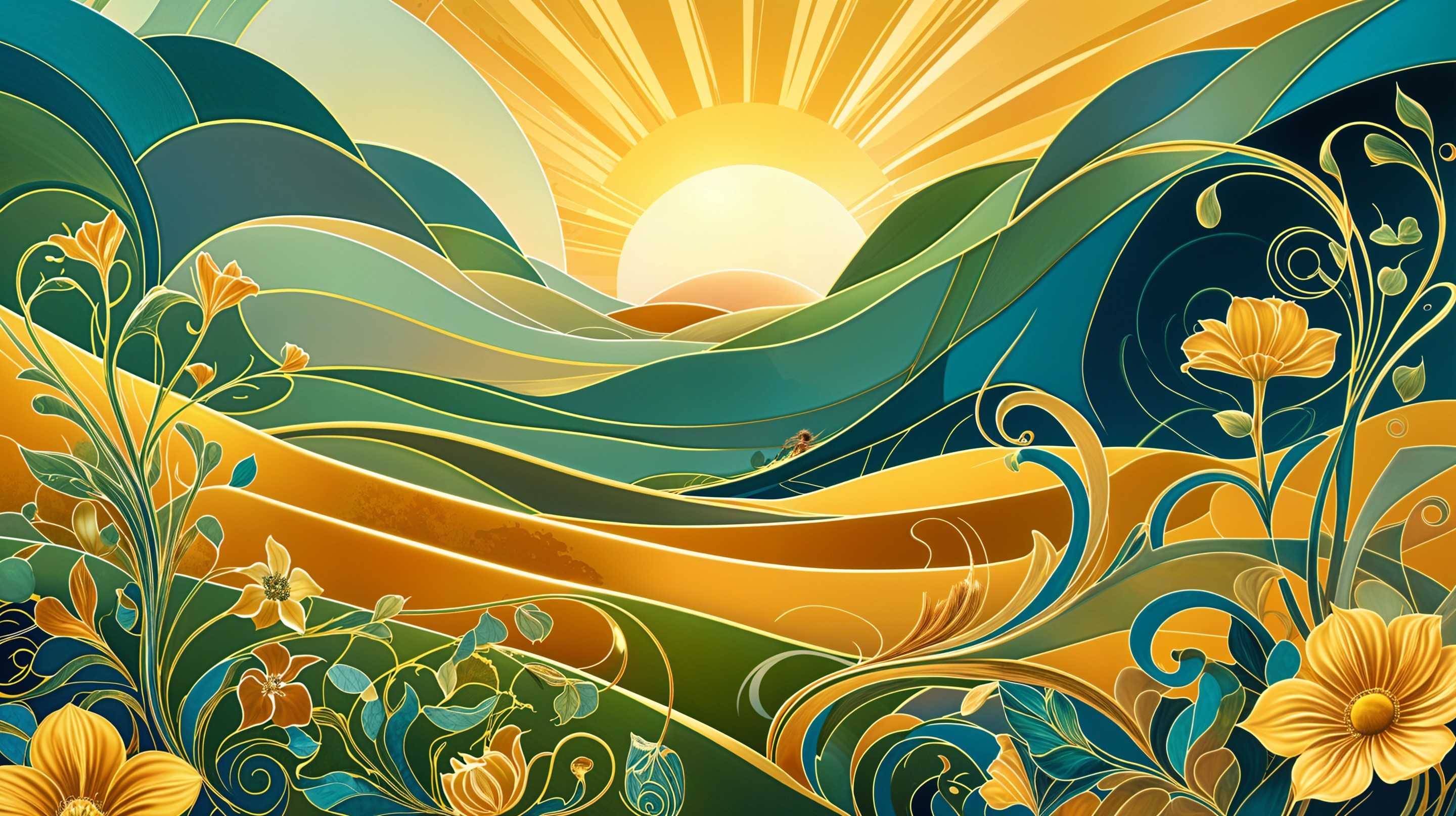 Vibrant Landscape with Rolling Hills and Flowers