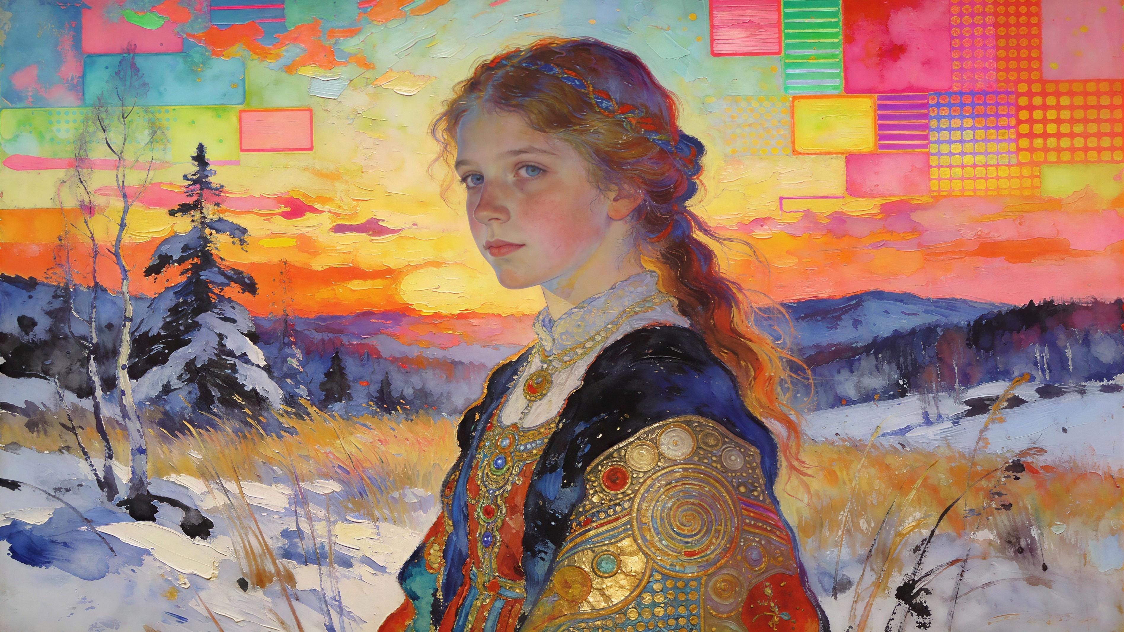 Oil Painting of Girl in Medieval Dress at Sunset