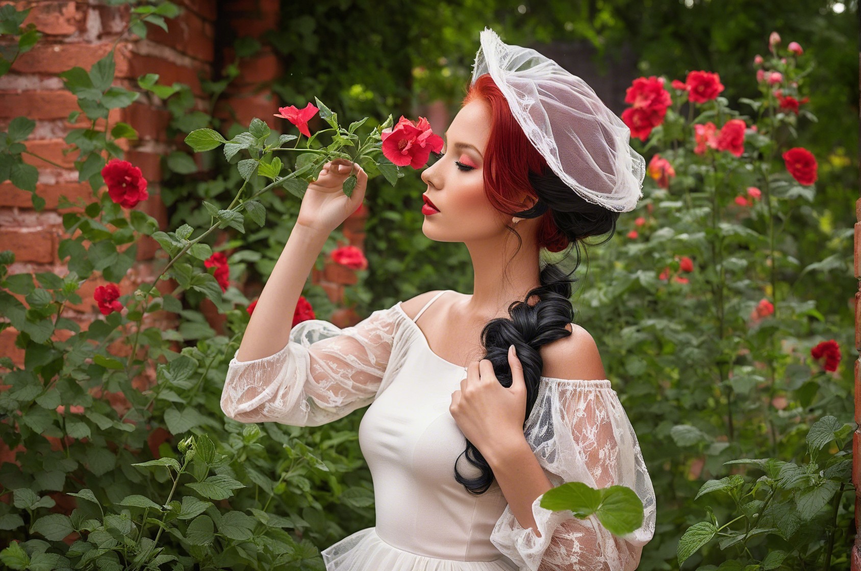 Woman in White Dress Surrounded by Red Roses