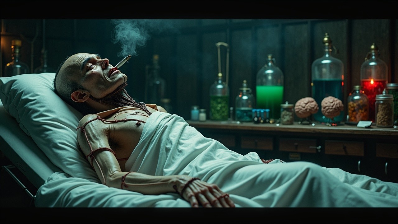 Humanoid Figure on Hospital Bed with Cigarette and Jars