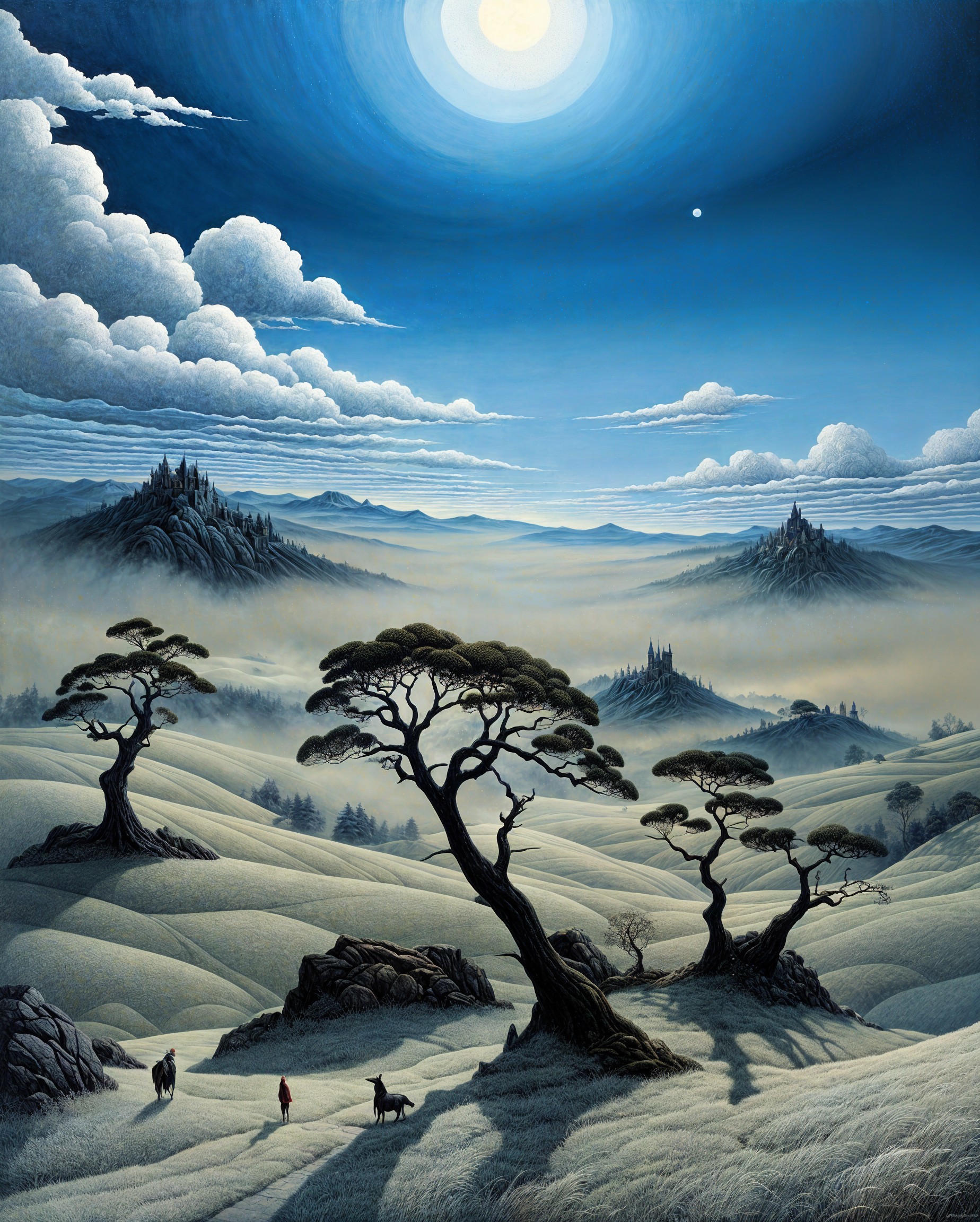 Serene Moonlit Landscape with Twisted Trees and Deer