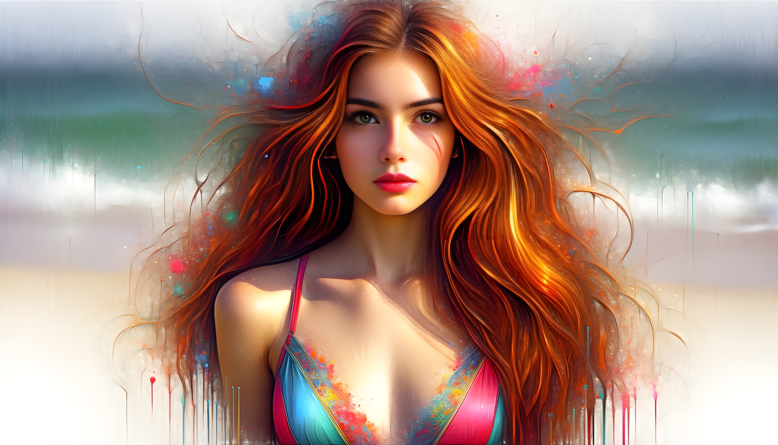Young Woman with Wavy Red Hair at Beach Scene