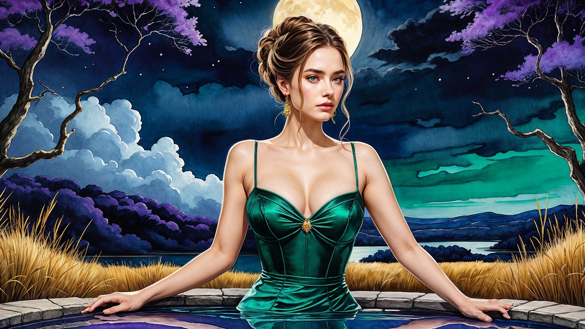 Woman in Green Dress by Moonlit Pool Scene