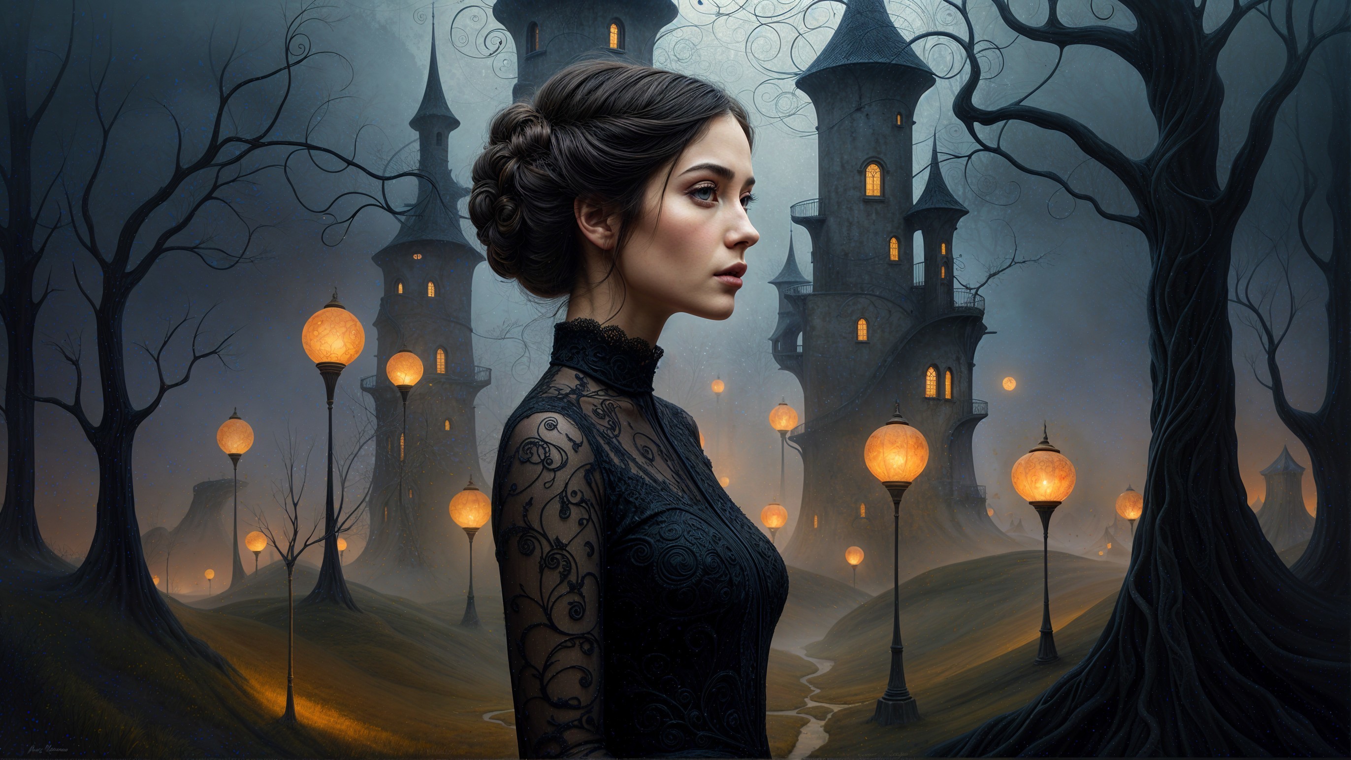 Mysterious Woman in Black Lace Gown in Gothic Landscape