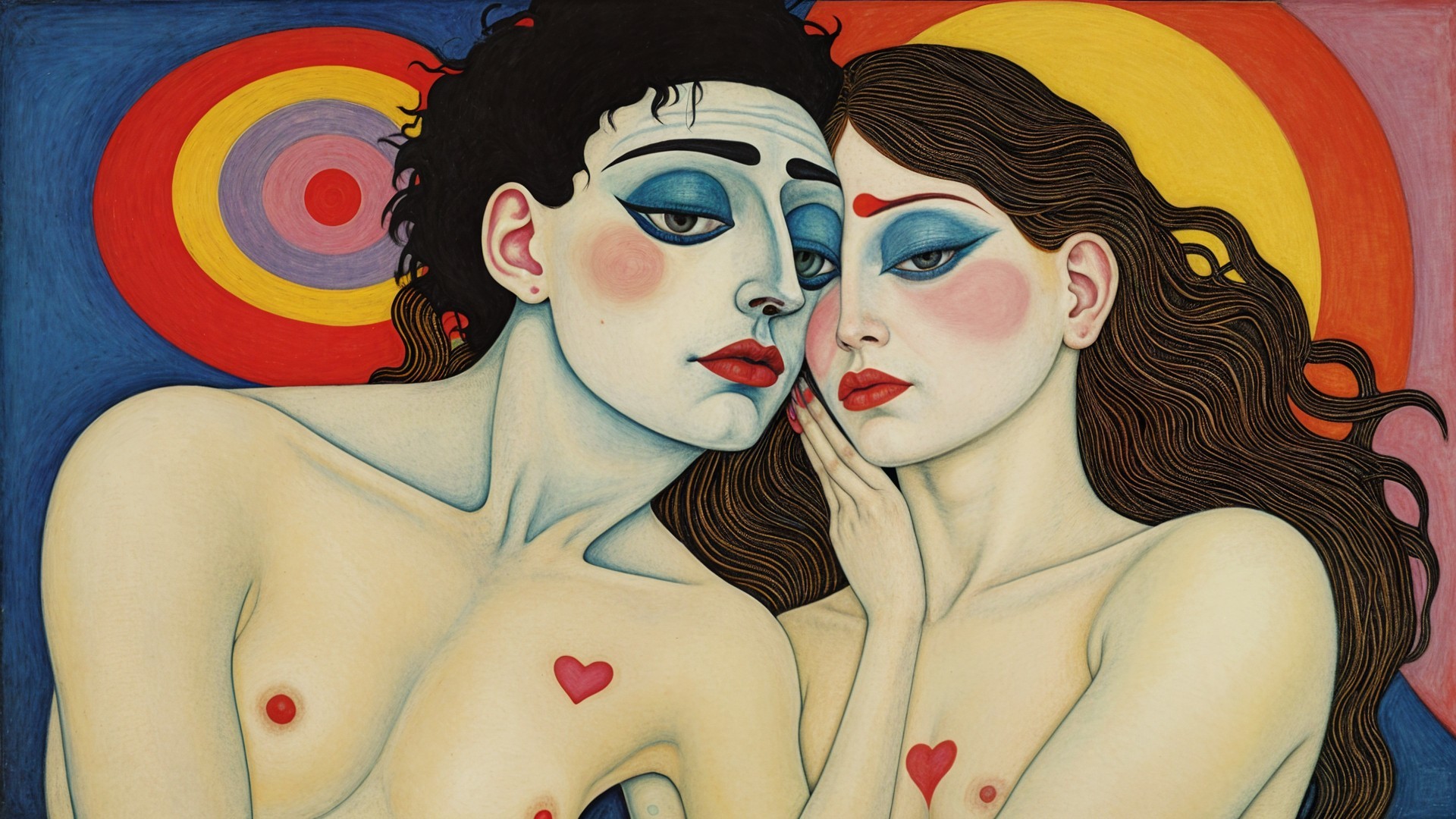 Stylized Figures with Bold Features and Vibrant Background