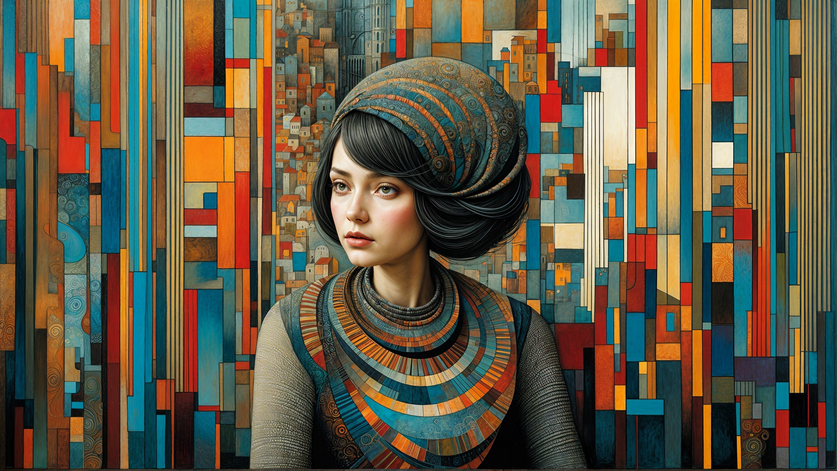 Woman with intricate headpiece in vibrant abstract setting