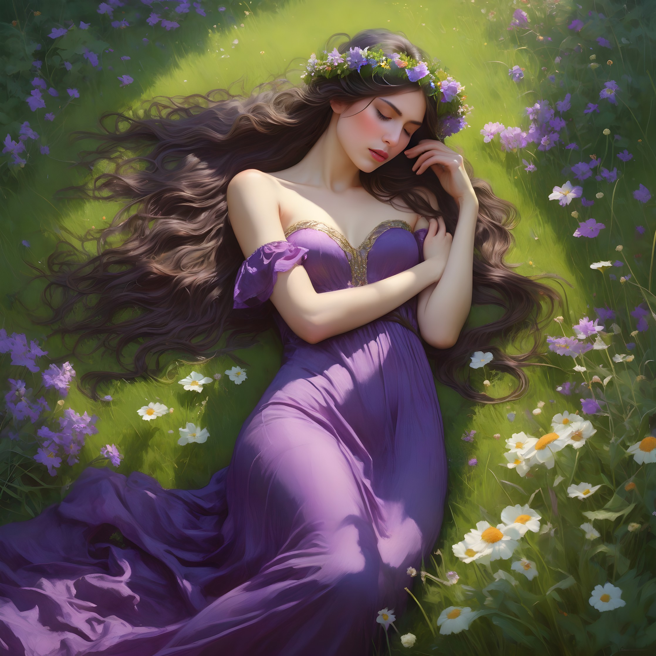 Young Woman in Purple Gown in Vibrant Green Meadow