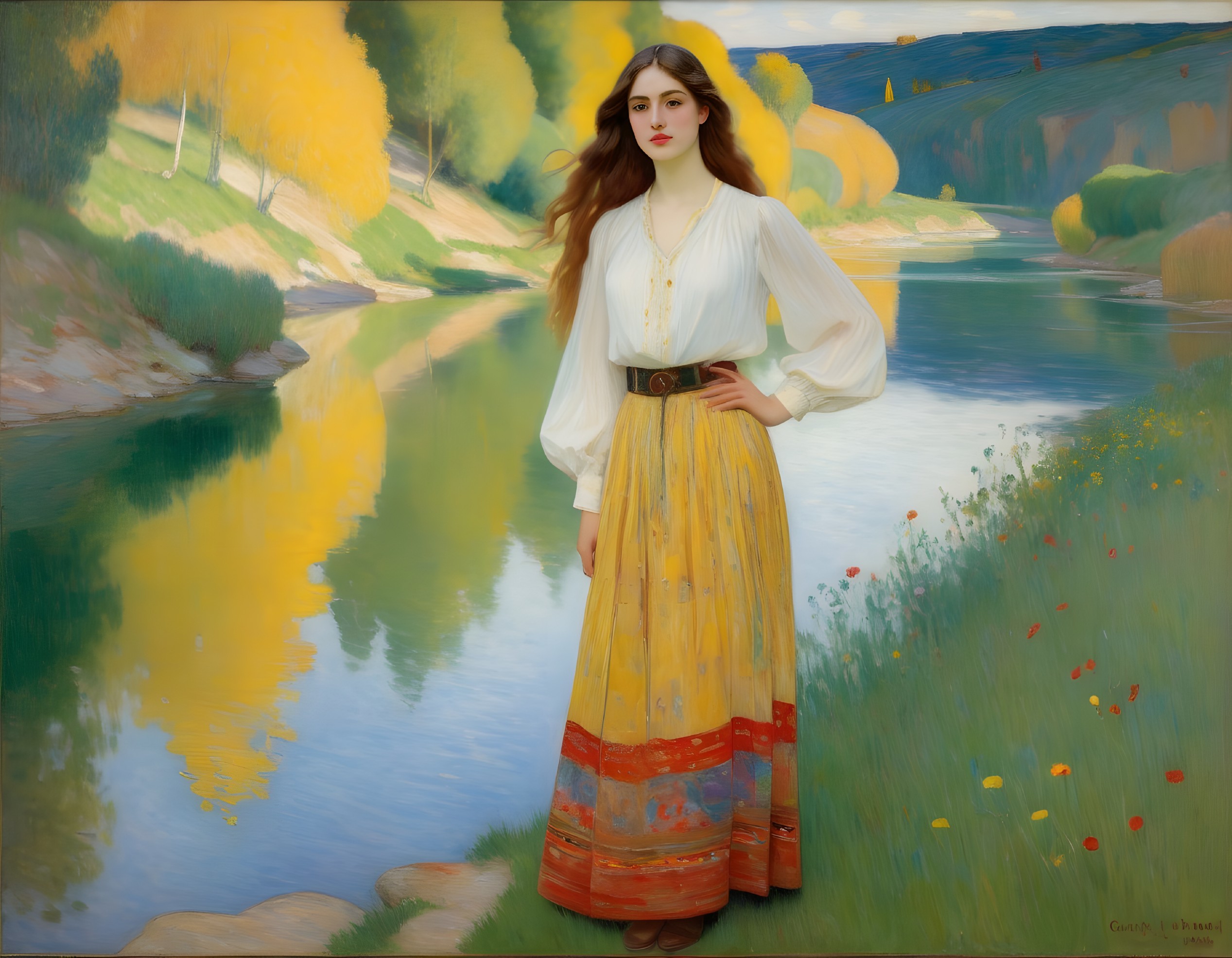 Young Woman by Serene River in Autumn Foliage
