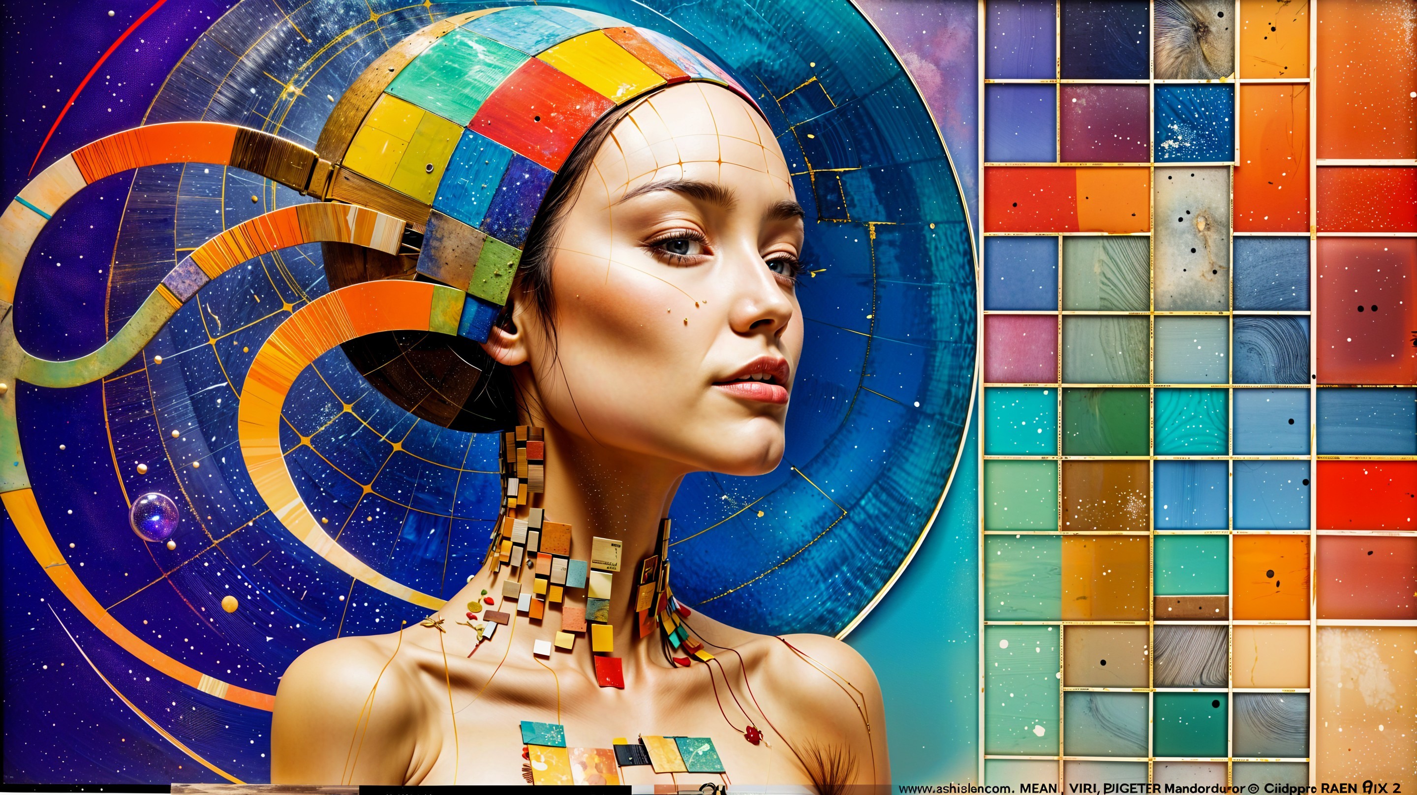 Portrait of a woman with colorful geometric headdress