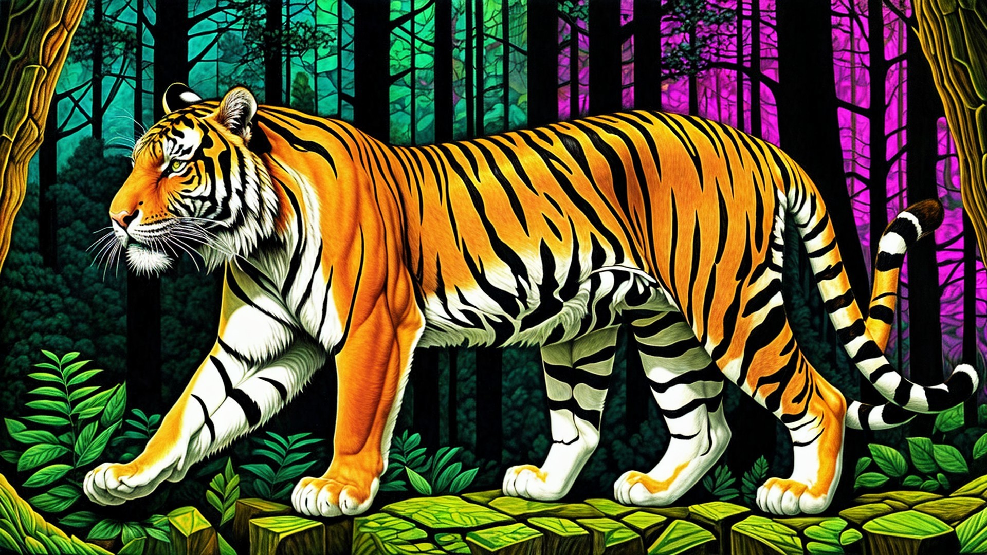 Tiger in a Colorful Stylized Forest Setting