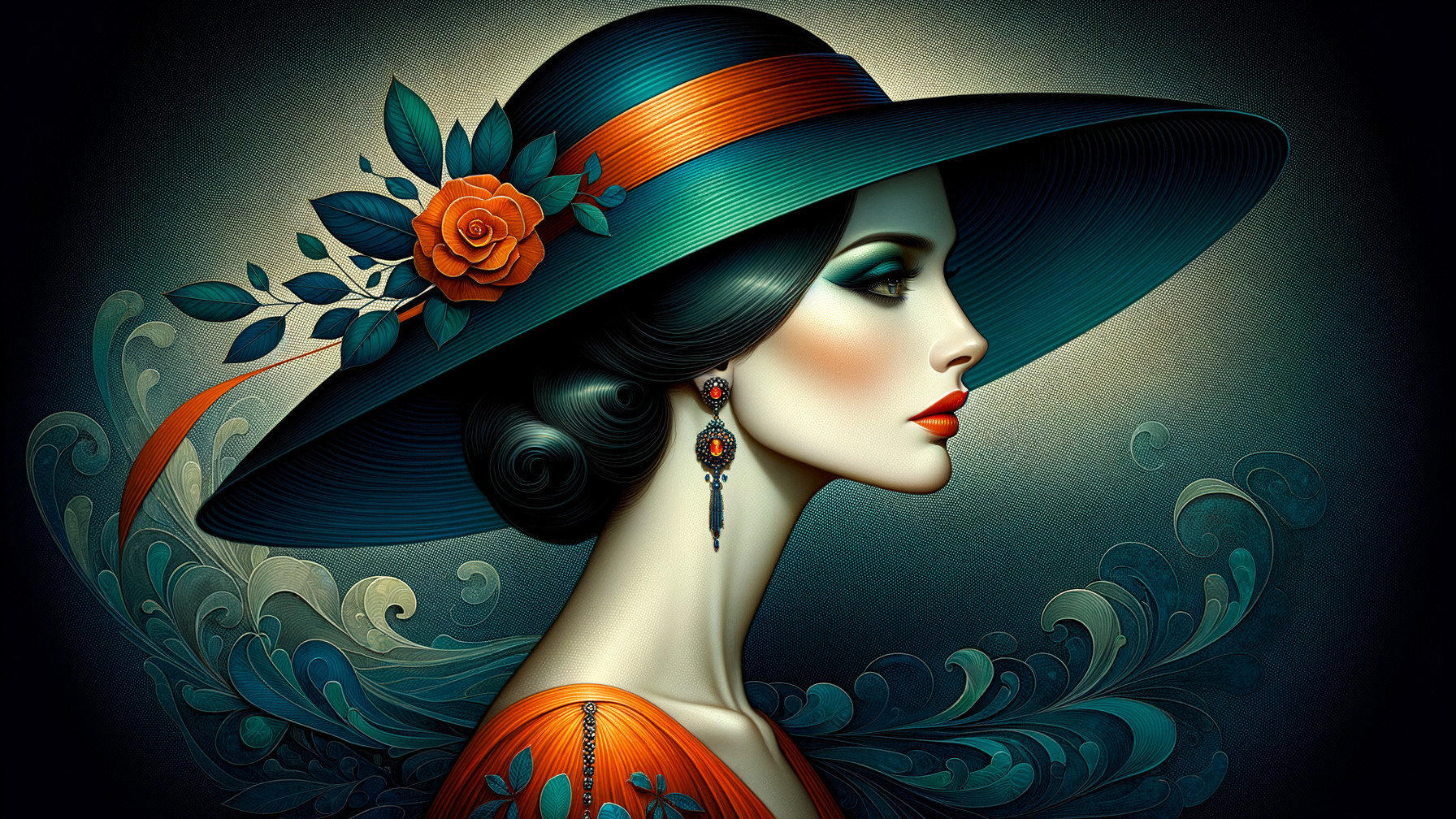 Elegant Woman in Profile with Vibrant Hat and Makeup