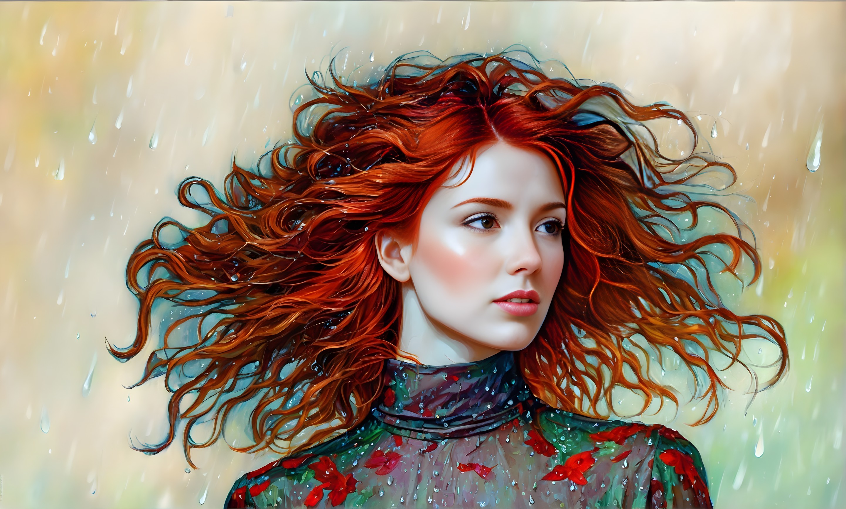Young woman with red hair in a dreamy, rainy setting