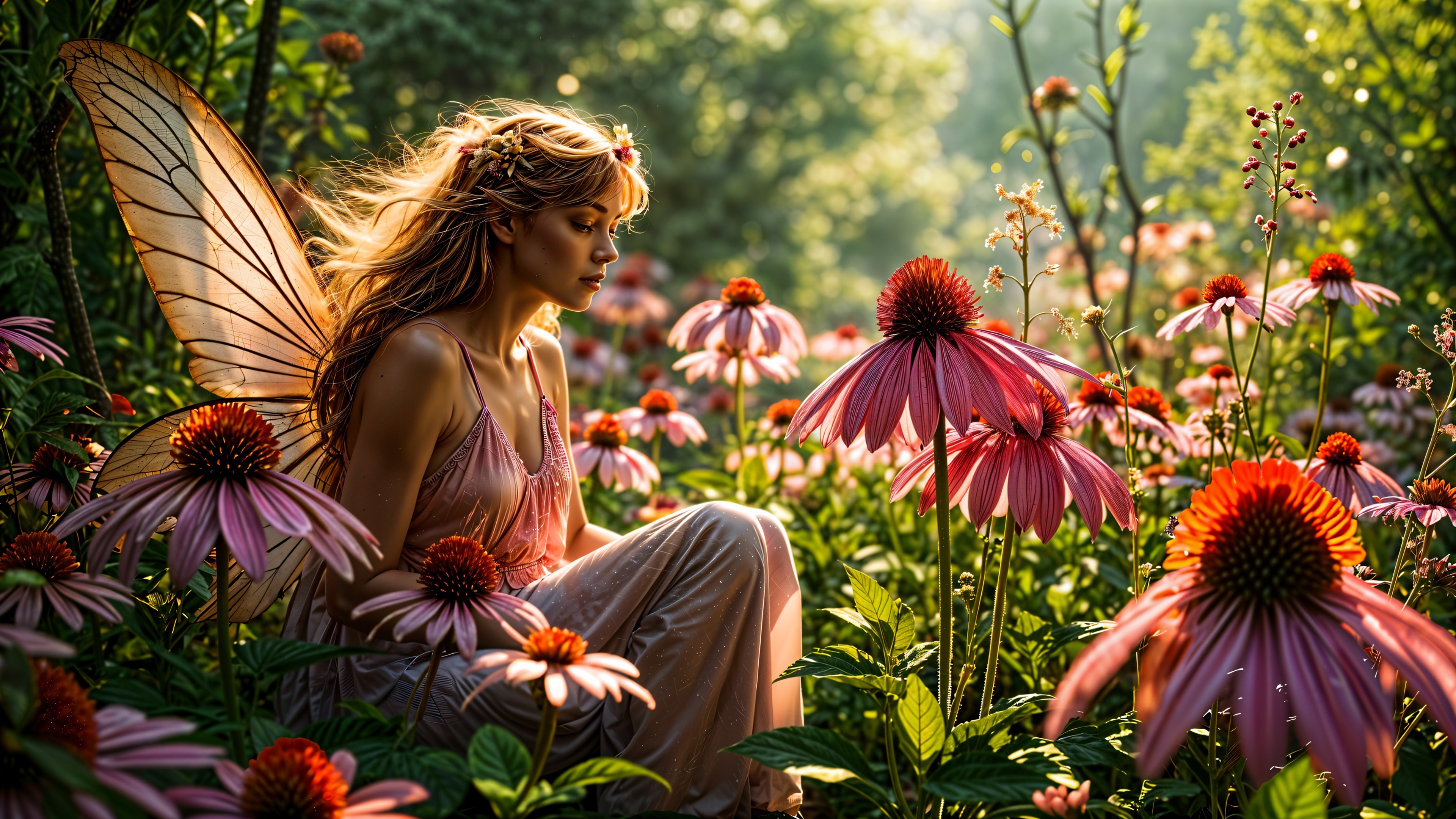 Fairy in a Sunlit Garden with Pink Coneflowers