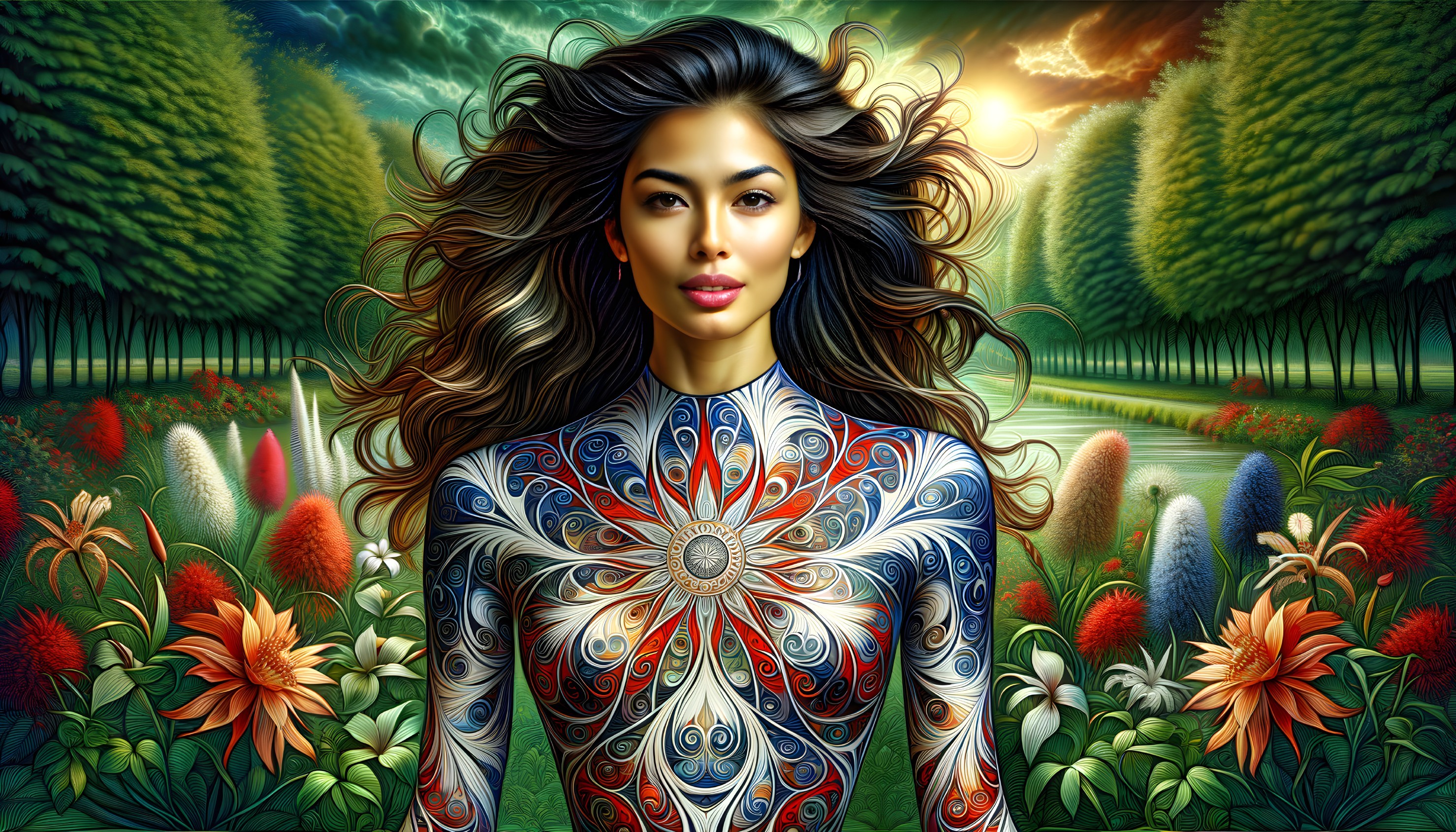 Stylized portrait of a woman in a colorful garden