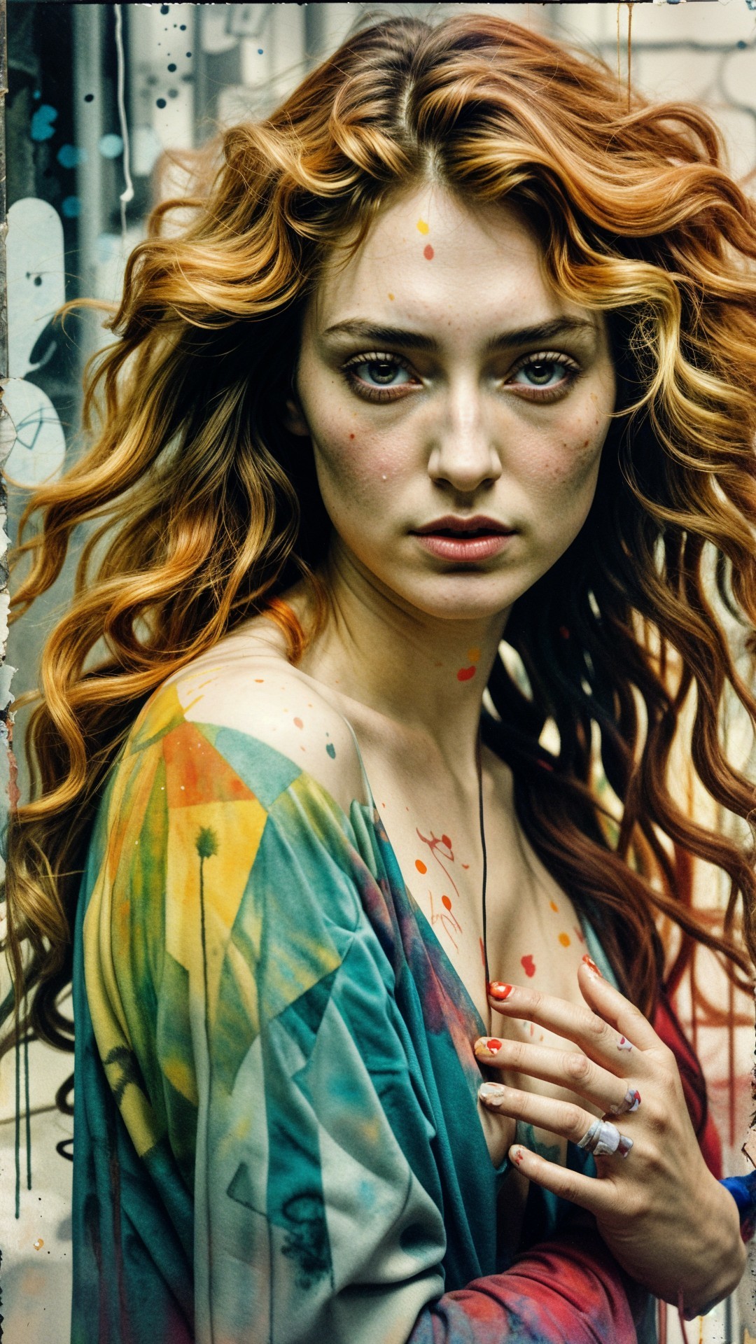 Portrait of a woman with red hair and colorful paint