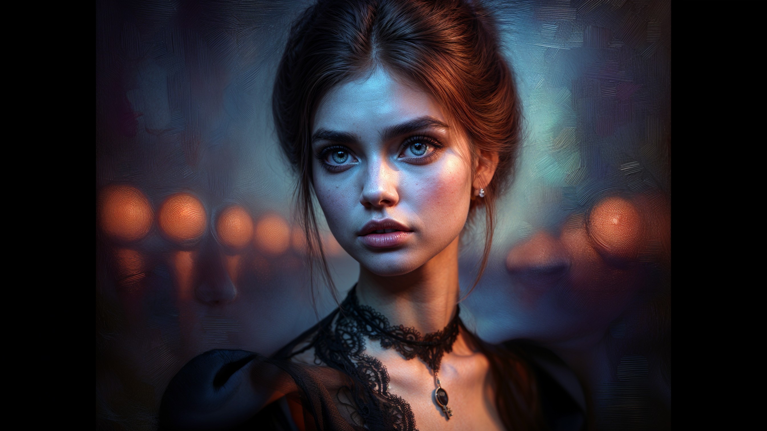 Young woman in black dress with captivating blue eyes