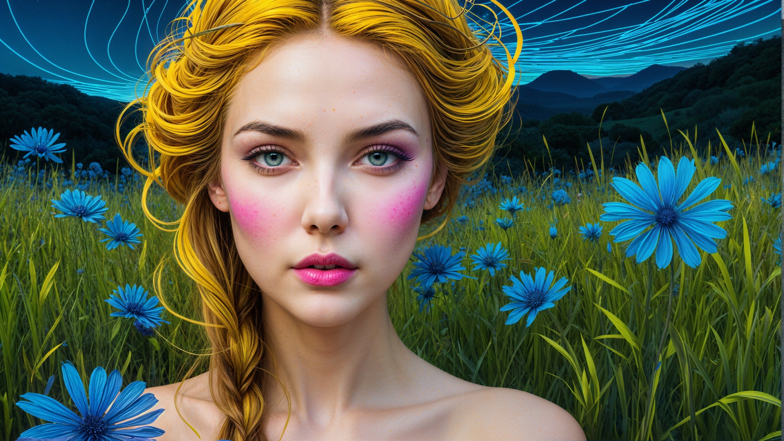 Young woman with golden hair in a lush landscape