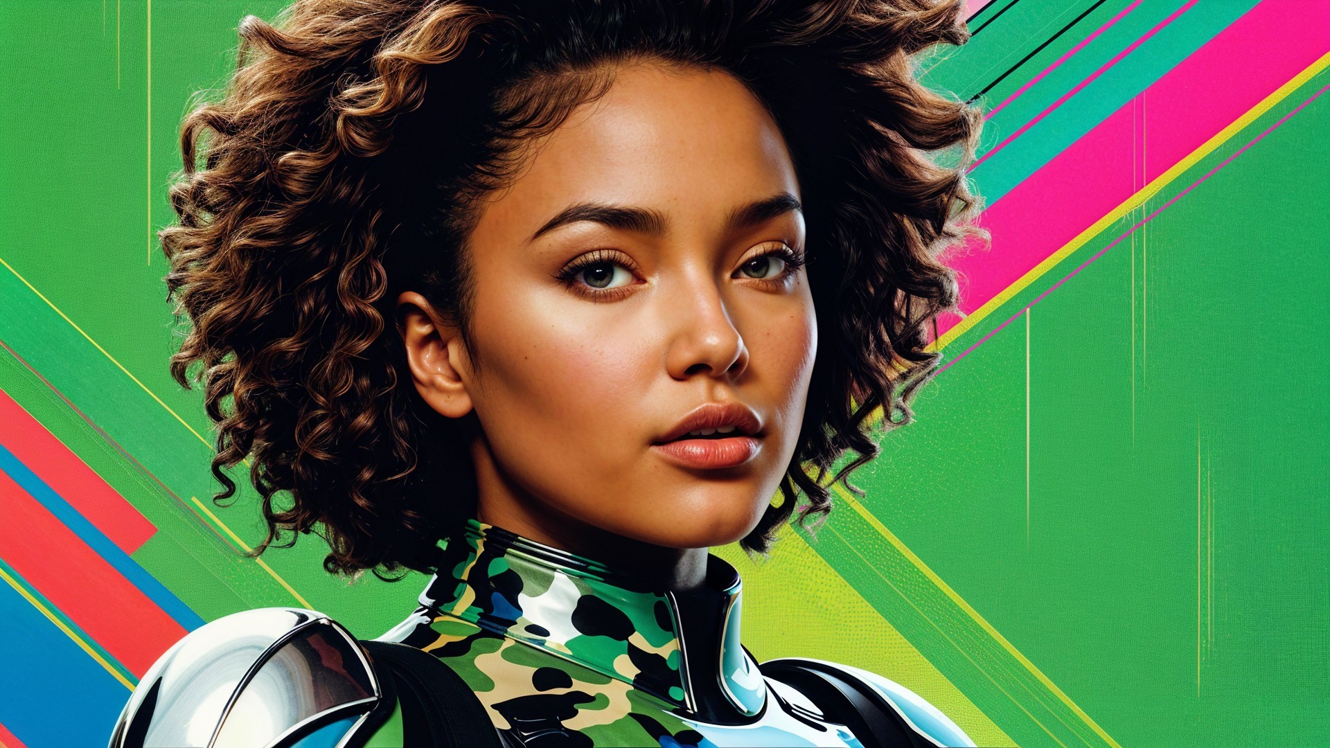 Young Woman in Futuristic Colorful Outfit with Patterns