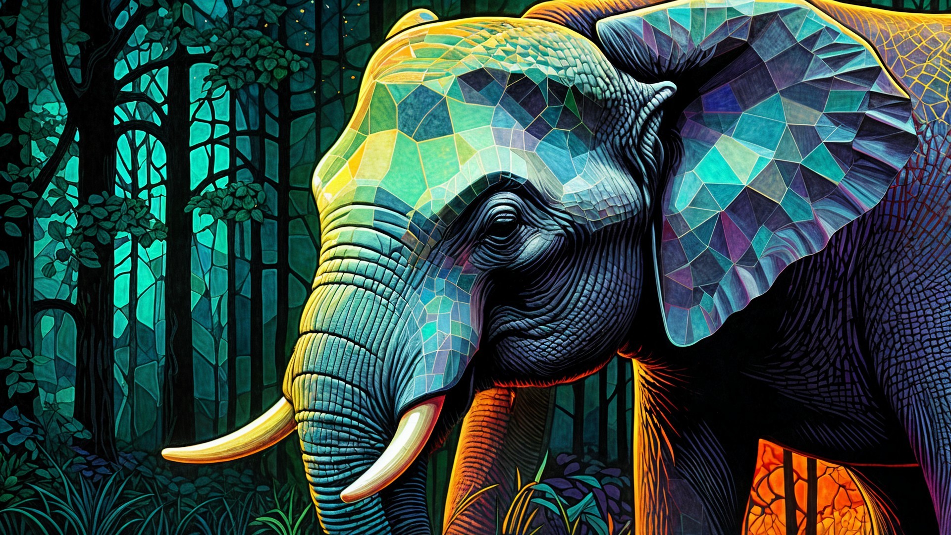 Geometric Elephant in a Mystical Forest Setting