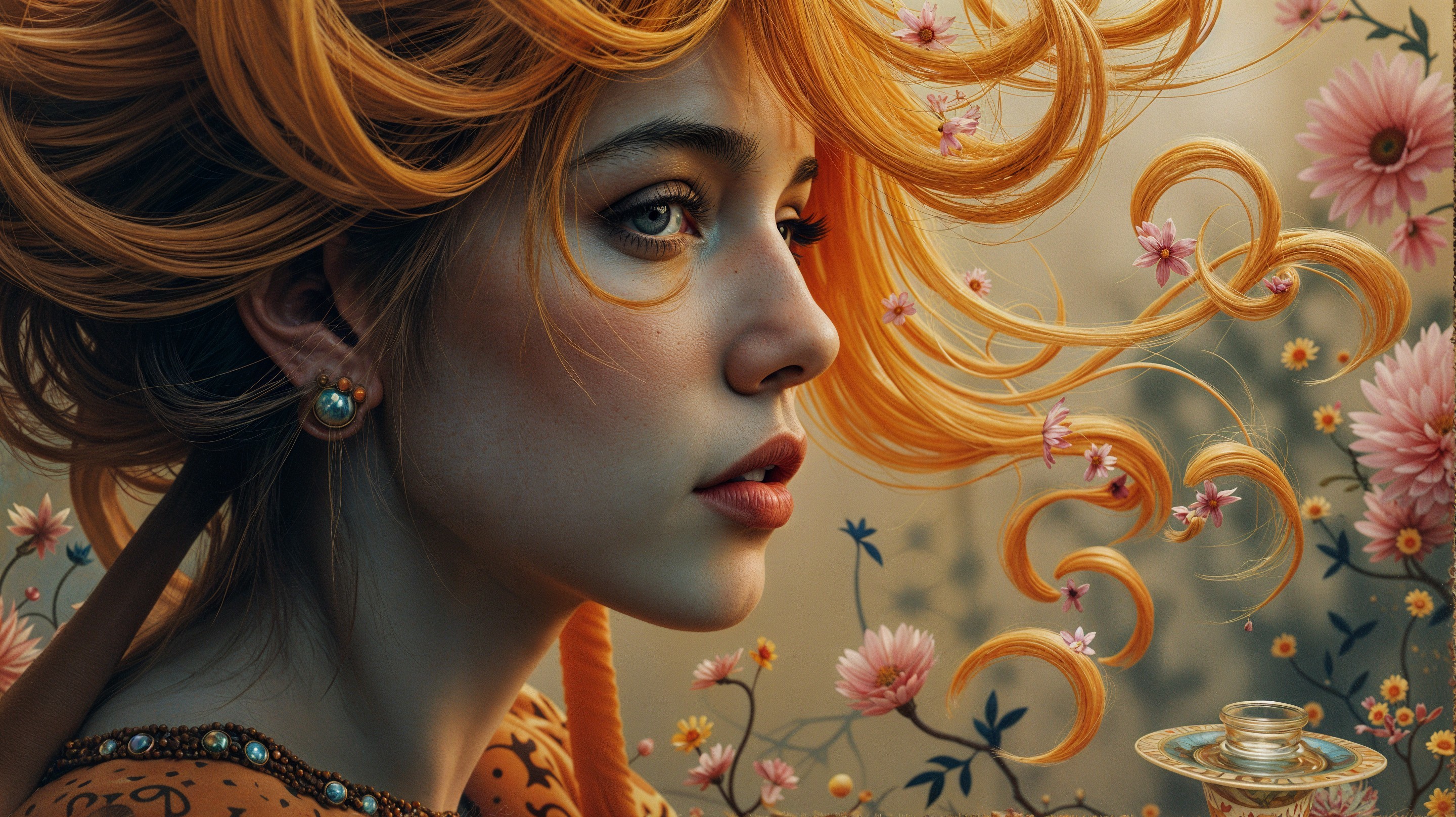 Portrait of a Young Woman with Orange Hair and Flowers