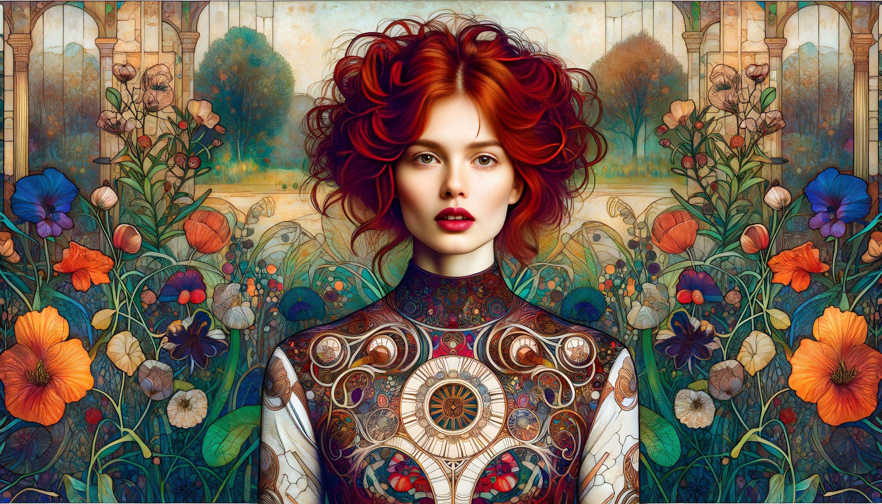 Vibrant Woman with Red Curls in Floral Garden Scene