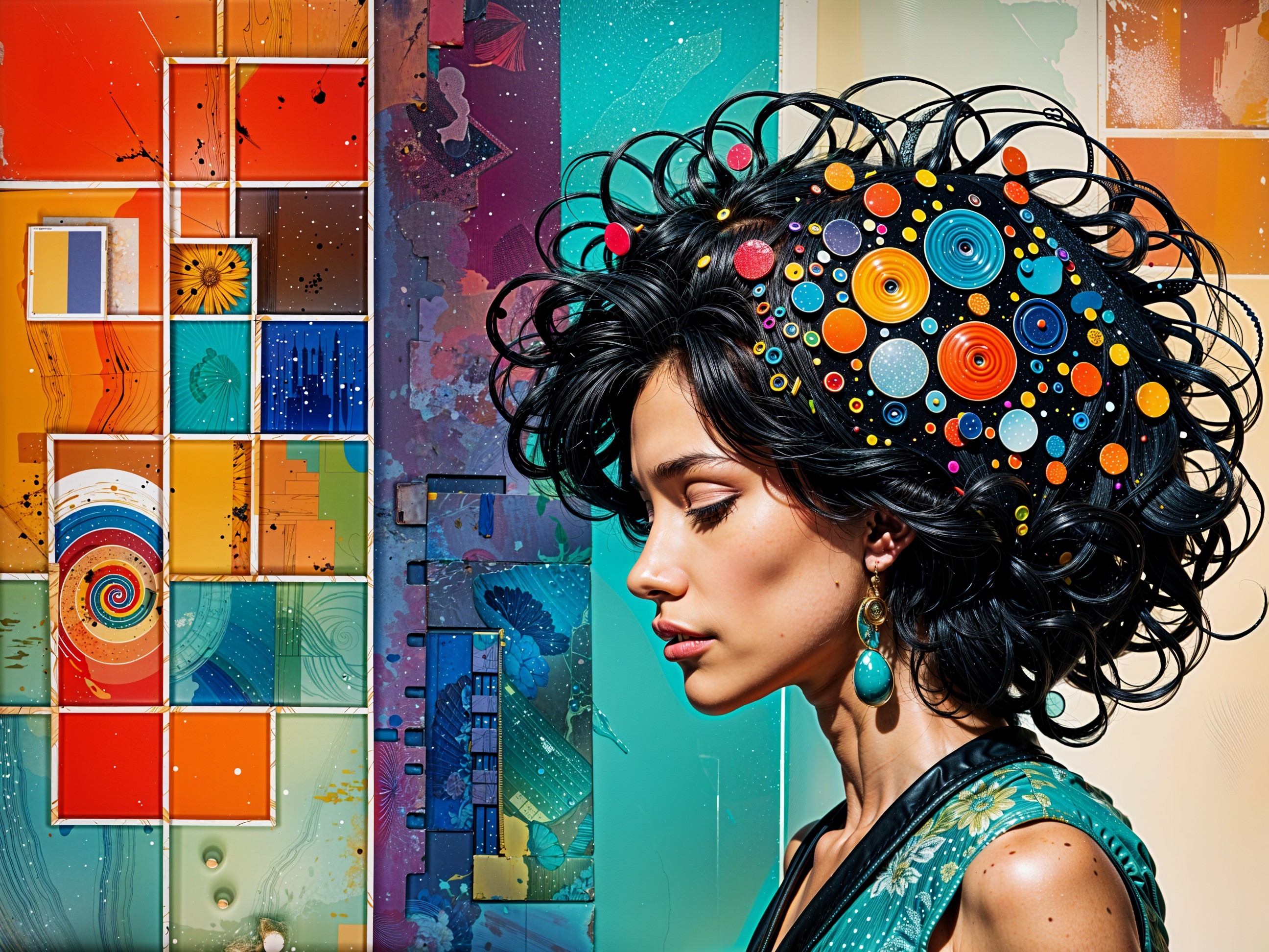 Profile of a Woman with Curly Hair and Abstract Background