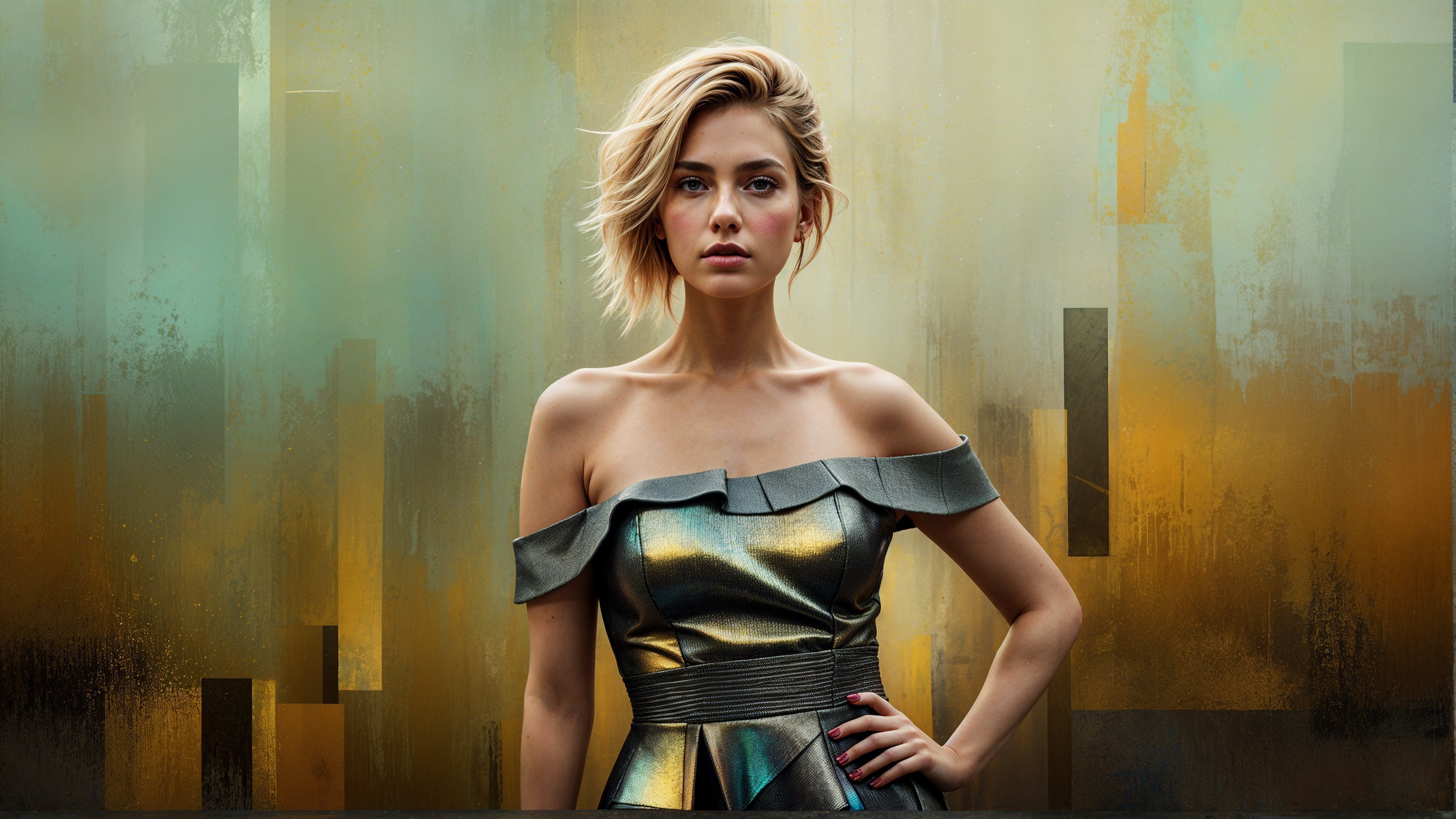 Confident Woman in Off-Shoulder Dress Against Abstract Colors