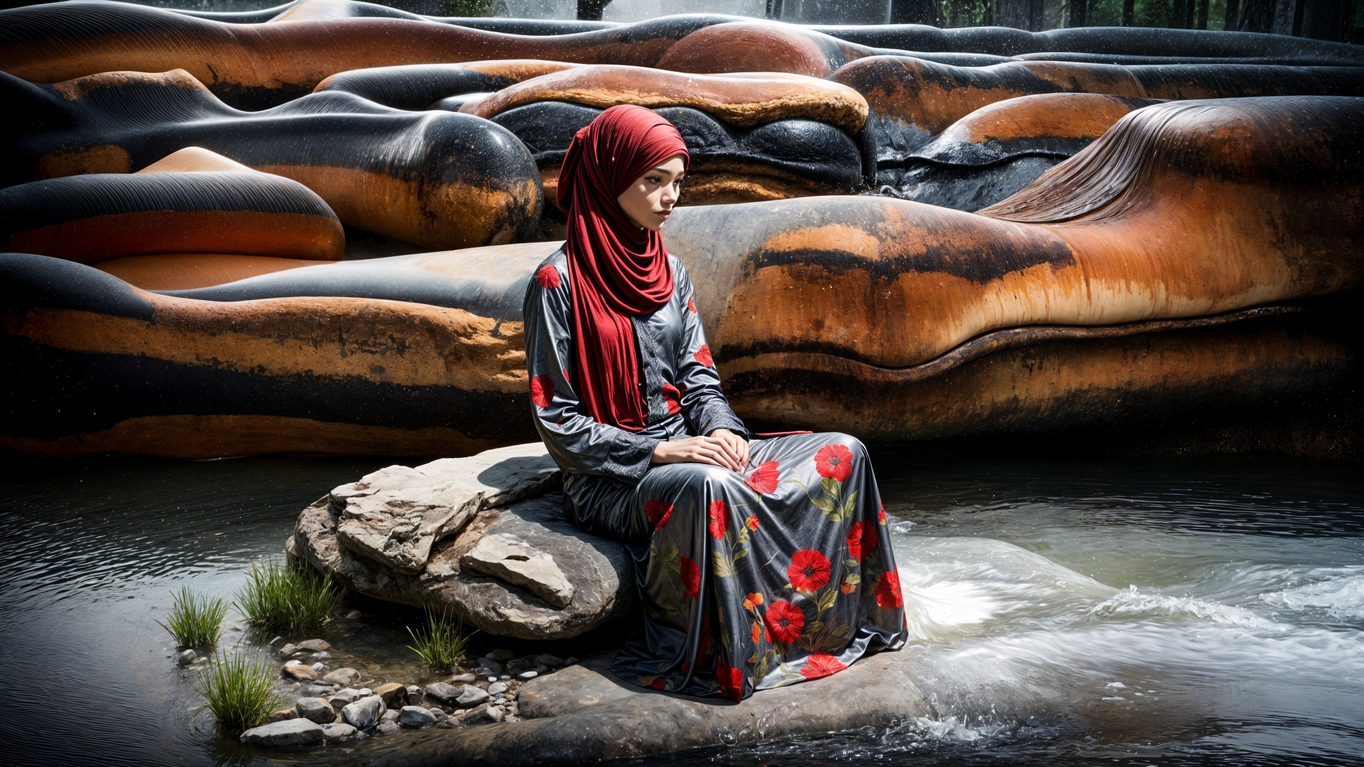Young woman in black dress by serene water setting