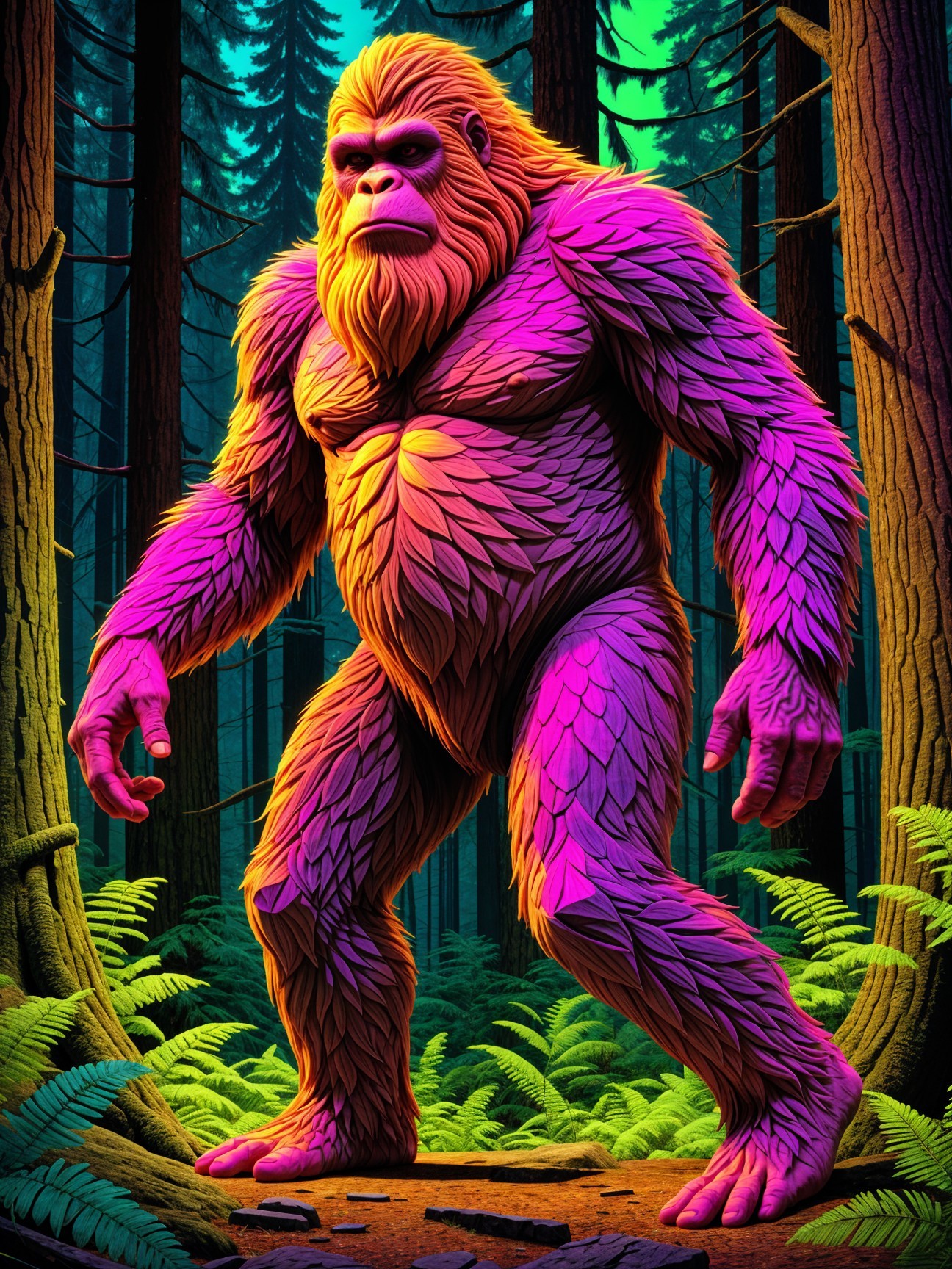 Mythical Bigfoot-like Creature in Enchanted Forest