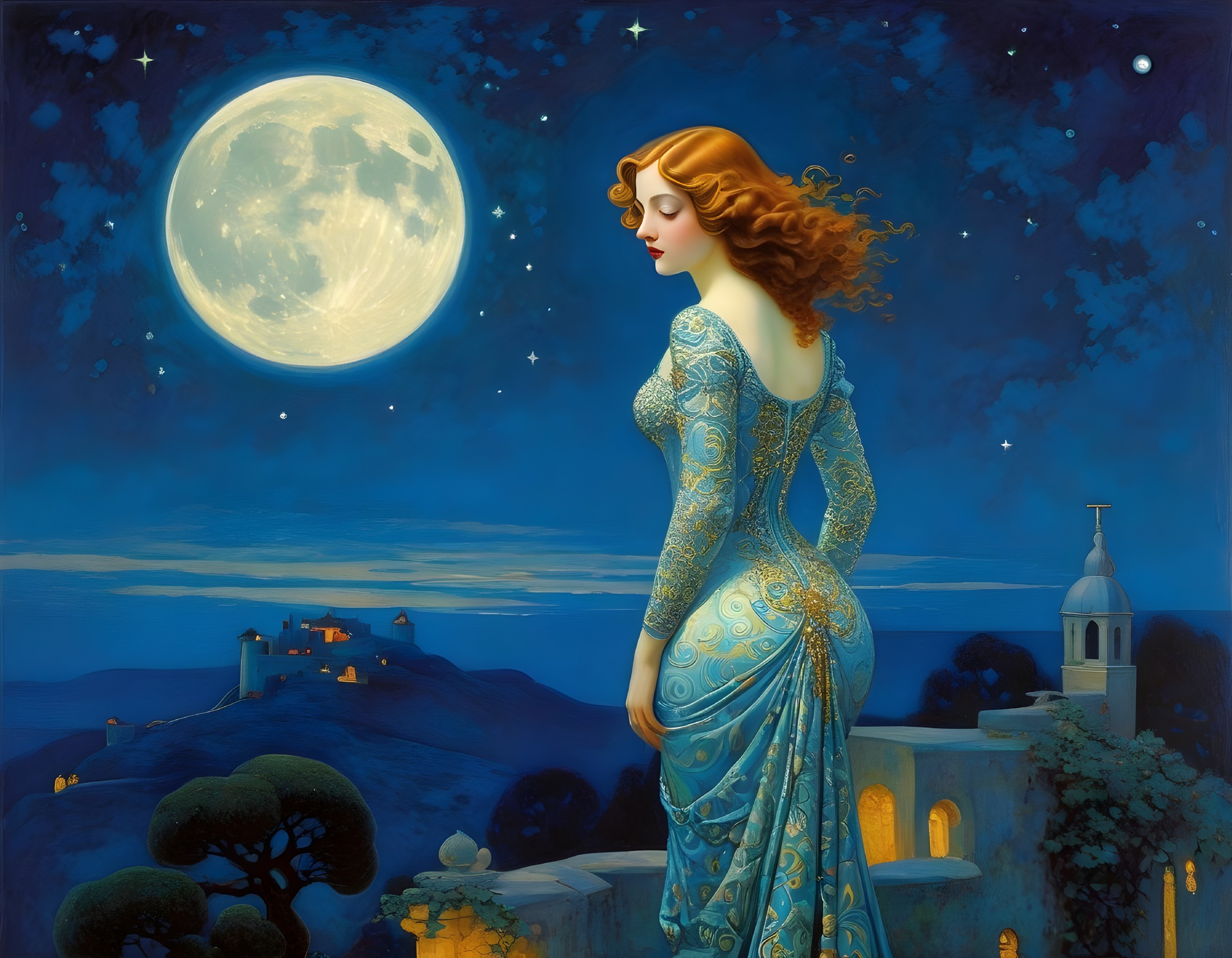 Enchanting Night Scene with Woman and Full Moon