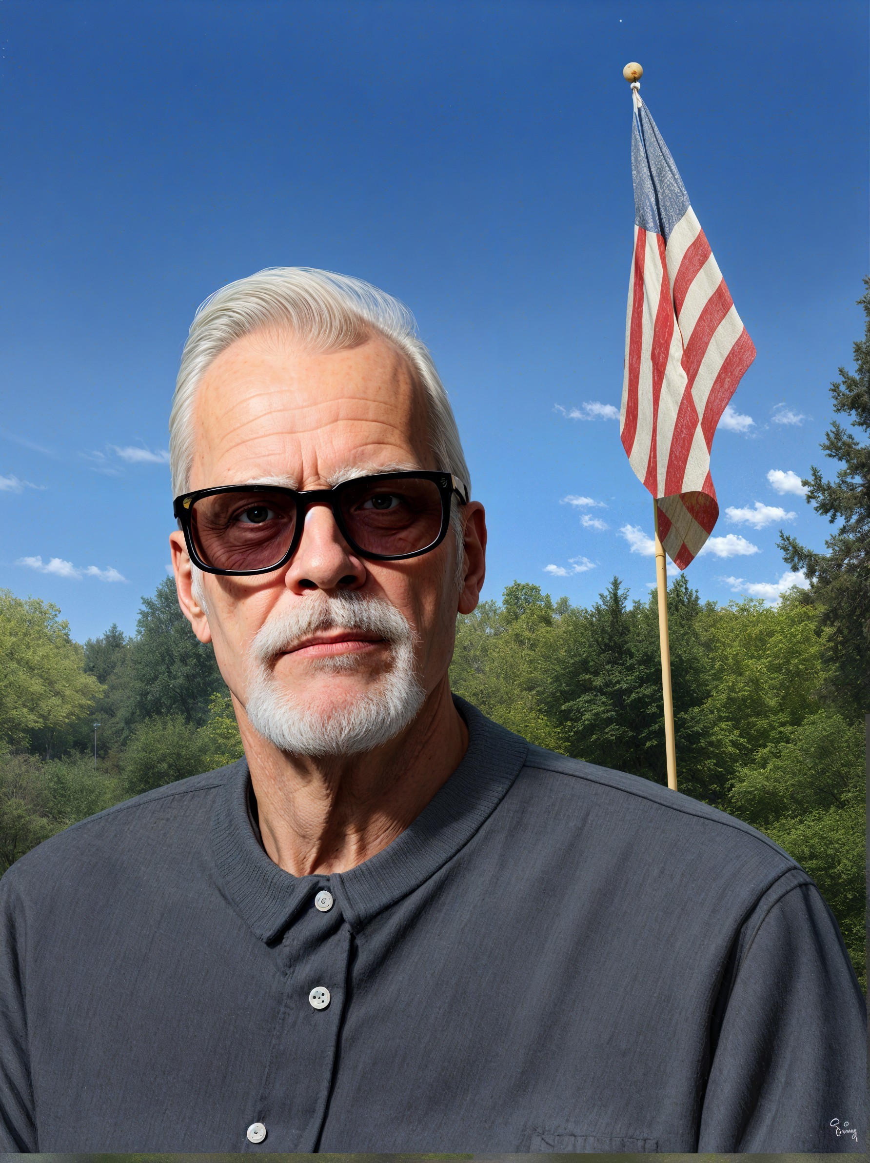 Mature man in sunglasses against forest and flag