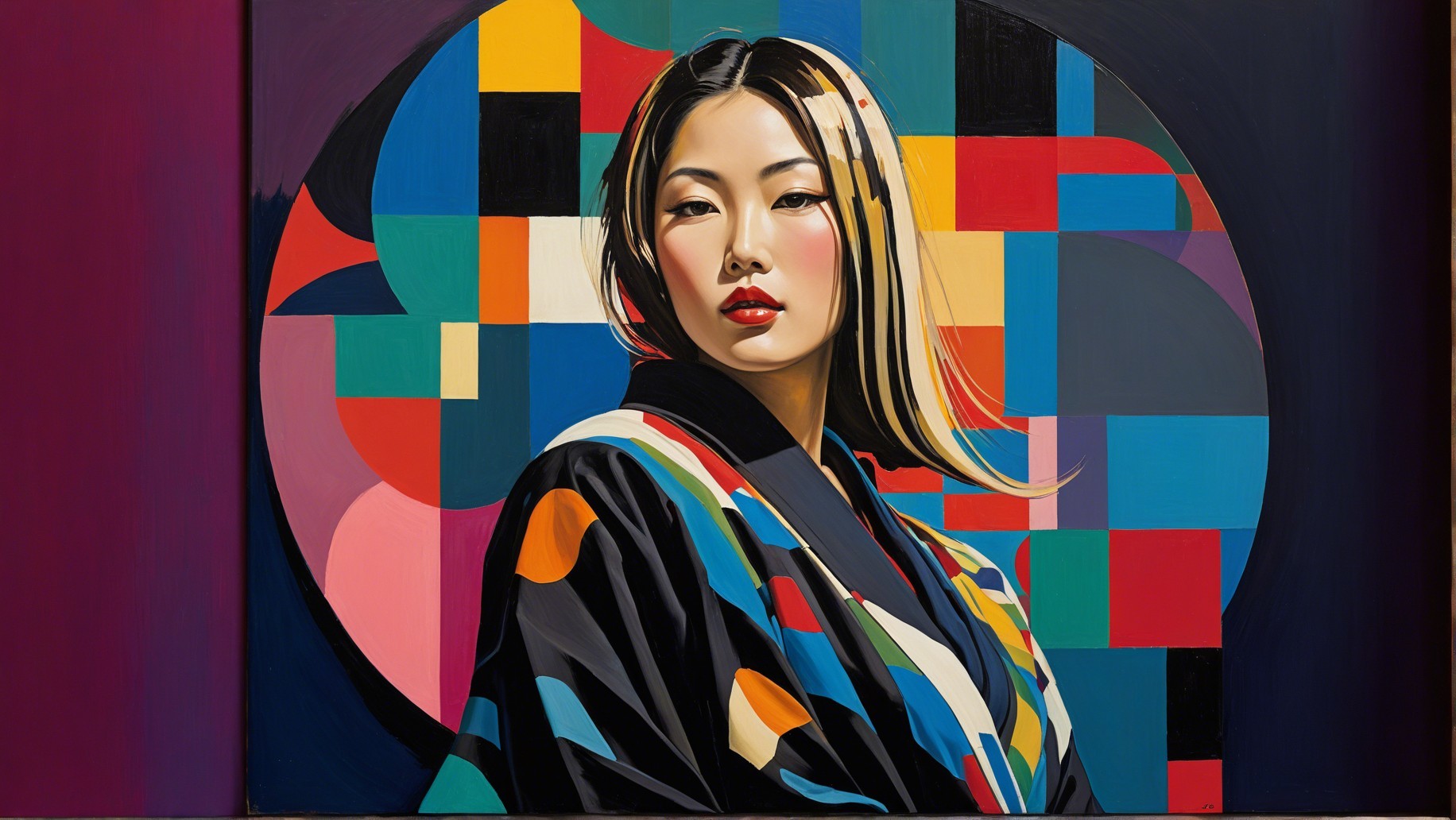 Portrait of a Woman in Colorful Kimono with Abstract Background