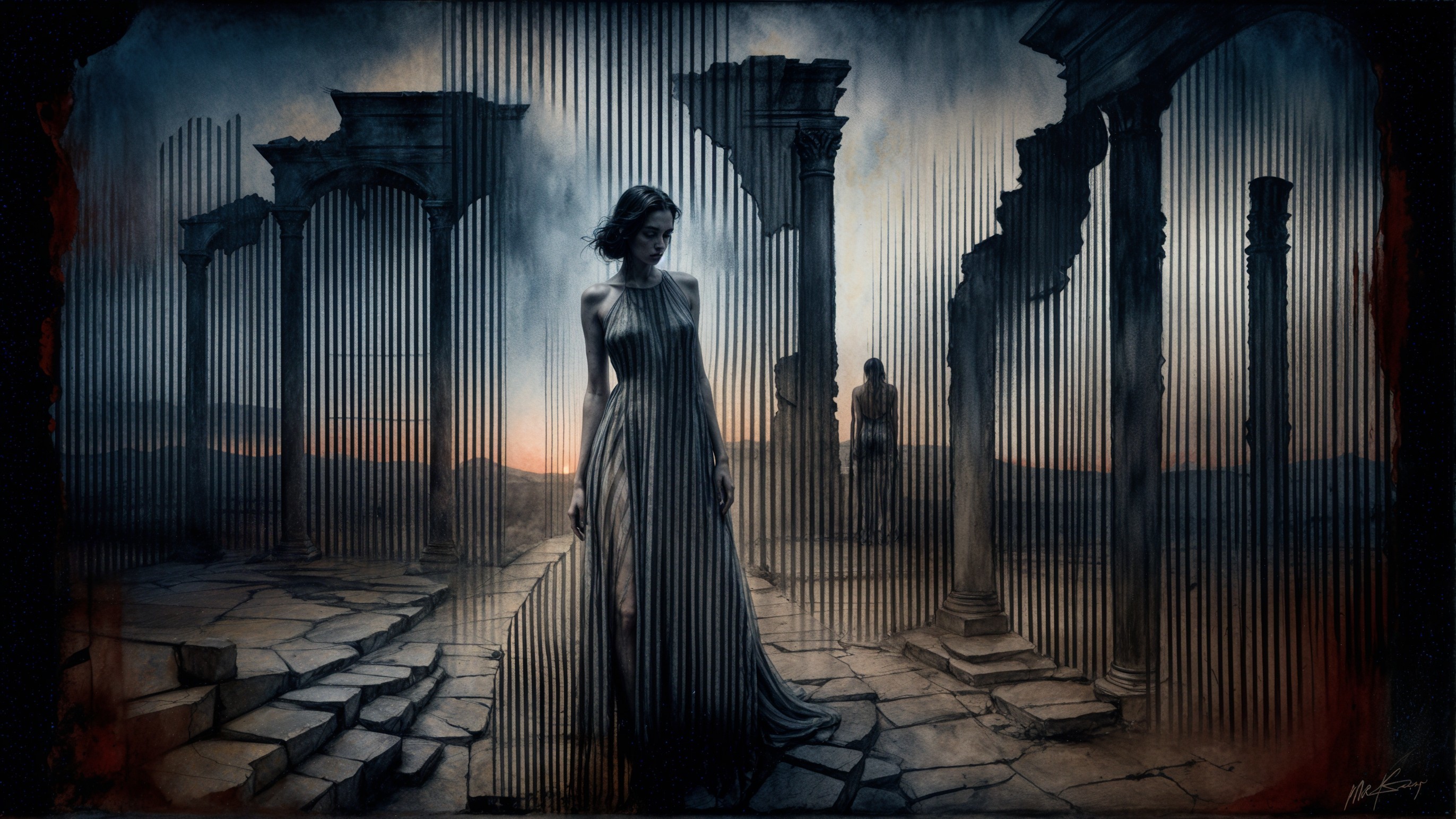 Solitary Figure in Dreamlike Ruins with Ethereal Light